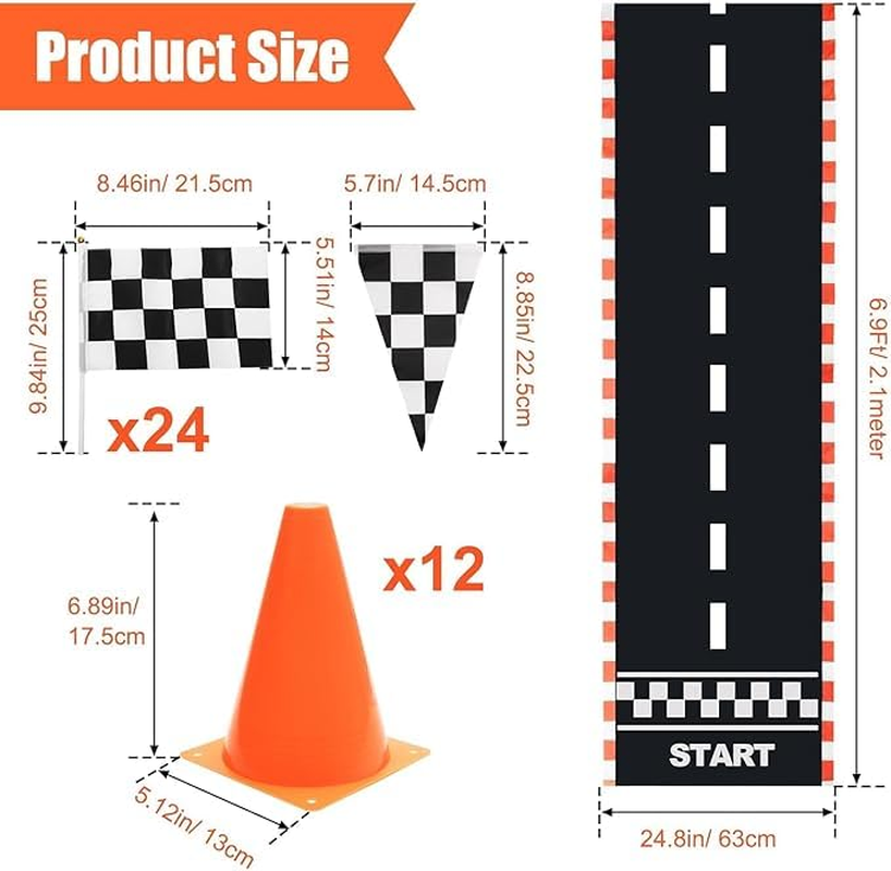 38 Pcs Checkered Flag Party Supplies Include 24P Racing Checkered Flags Hand Held 12P Traffic Cones,Floor Path for Race Track, Birthday Party Supplies, Kids Table Decoration image number 2