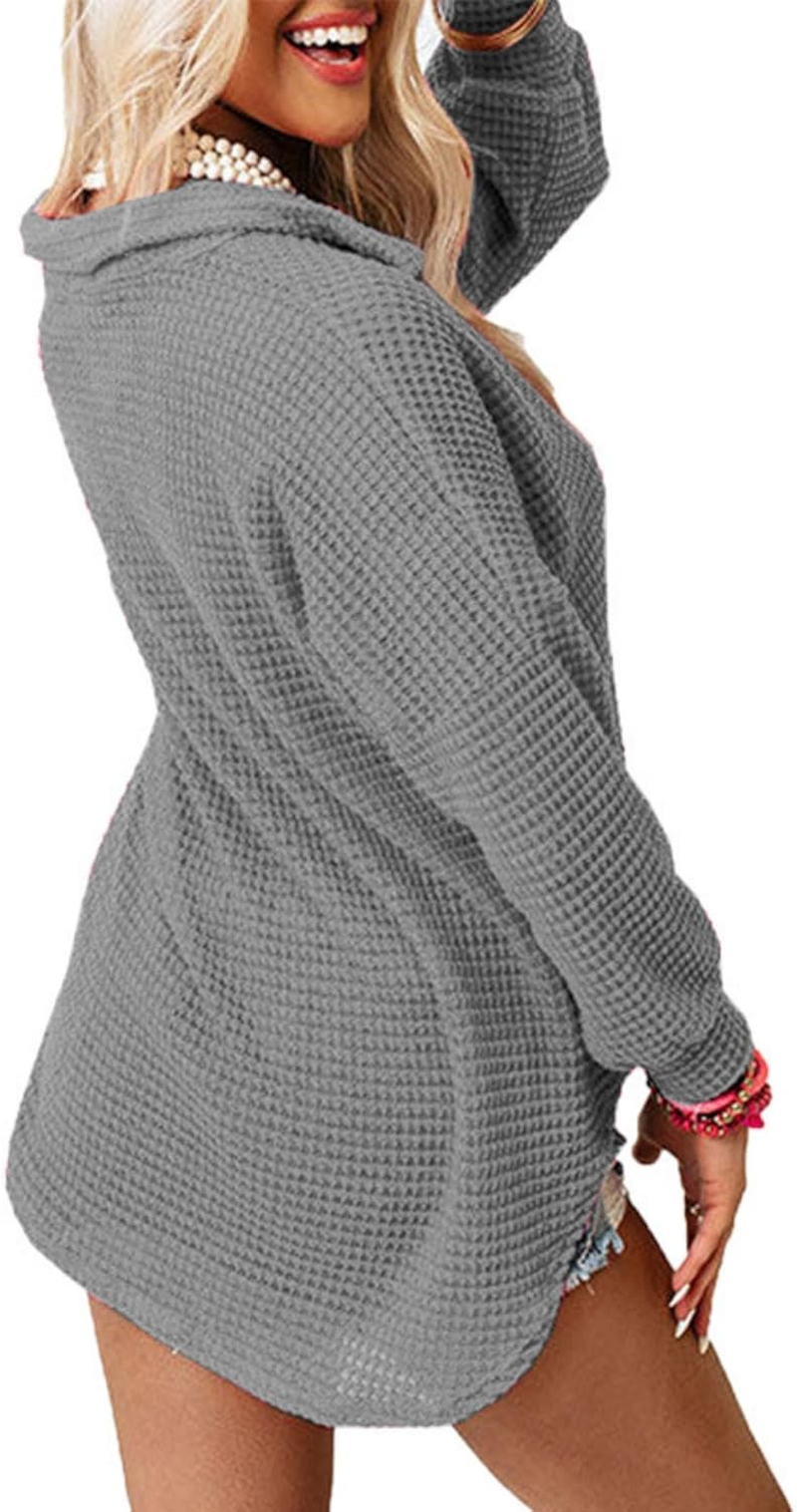 Women&rsquo;S Waffle Knit Shacket Jacket Casual Long Sleeve Blouses with Pocket Button down Shirts Dressy image number 3