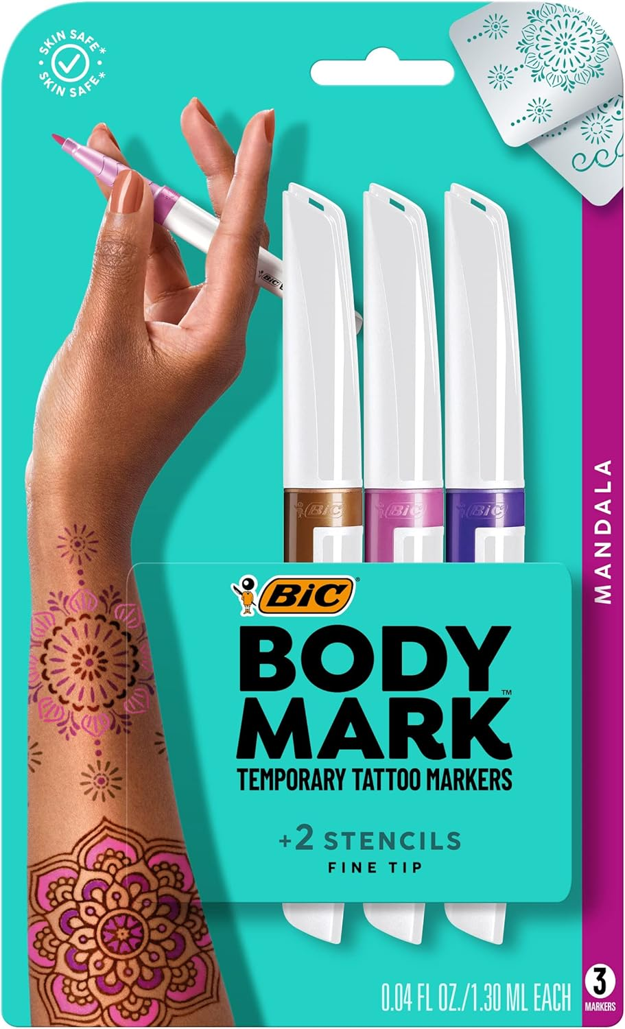 Bodymark BIC Temporary Tattoo Marker with Fine Tip, Mandala, Assorted Colors, Pack of 3 Markers + 3 Stencils image number 2