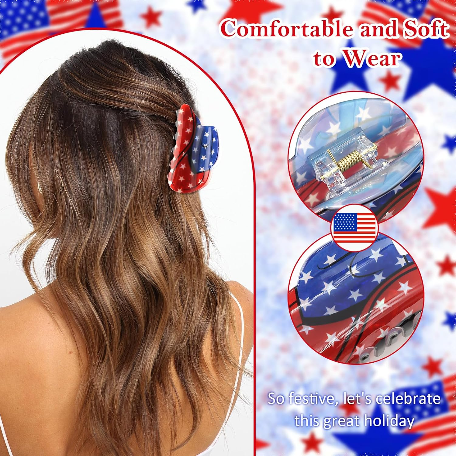 4Th of July Hair Accessories for Women Girls, Hapdoo American Flag Claw Clips Blue Red White Stars, Independence Patriotic Hair Clip Western Cowboy Hat Shaped image number 3