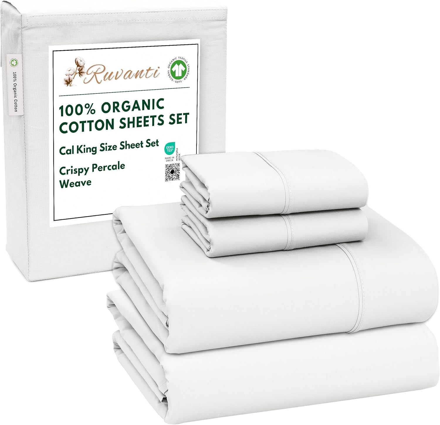 RUVANTI 100% Organic Cotton Sheets Queen Size, Percale Weave, GOTS Certified, 4-Piece Set, Deep Pocket 15", Crisp & Breathable, Soft Durable Bedding, S&aacute;banas Algod&oacute;n Org&aacute;nico &ndash; Cloud Cream