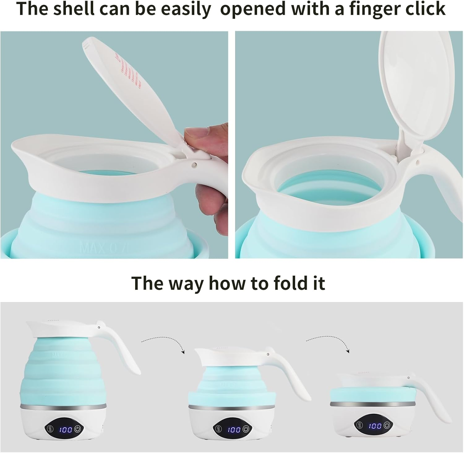 AUCOO - Portable Folding Electric Travel Kettle Foldable Boiling Water Suitable for 110V and 220V Dual Voltage, for Tea and Coffee, 850W Small Mini Silicone Electric Teapot Without image number 6