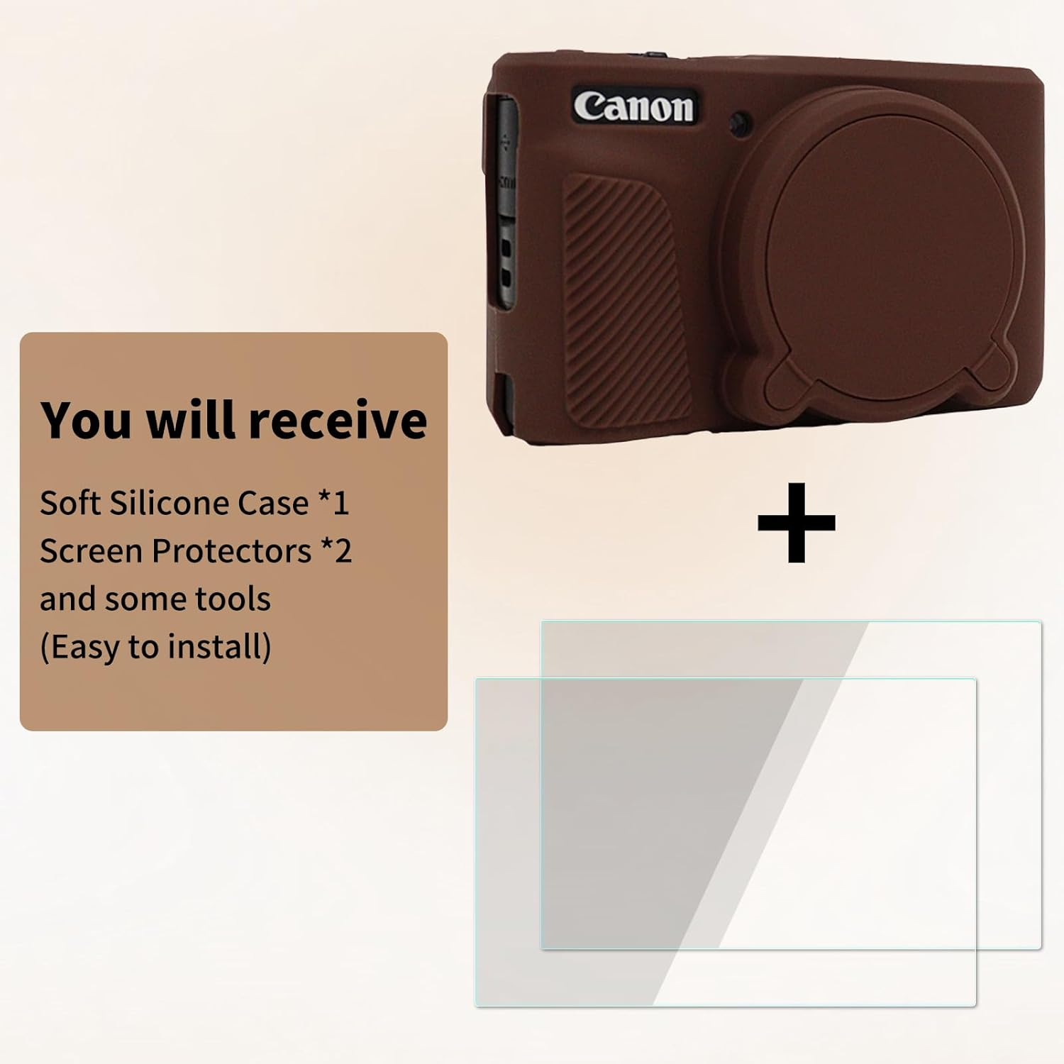 VOVMOEYA SX740 Camera Case Accessories Set[With 2 LCD Tempered Films],Silicone Protective Case Compatible with Canon Powershot SX730 SX740 HS Digital Camera-Brown - Brown image number 1