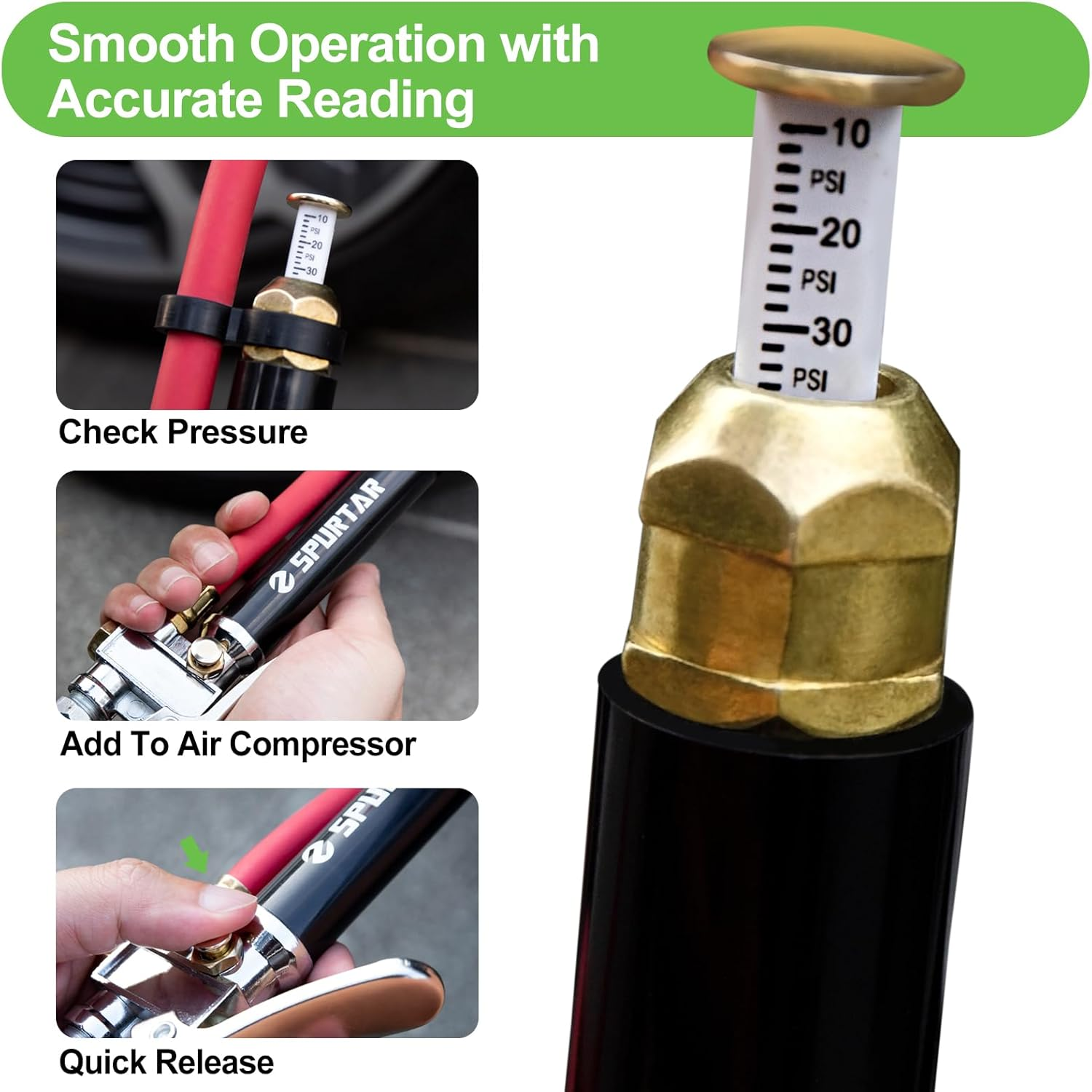 Spurtar 10-120 PSI Car Tire Inflator Gauge with 4 Way Tool and Valve Cores Automobiles Tire Pressure Gun with 12" Hose for Truck Motorcycle Bicycle image number 3