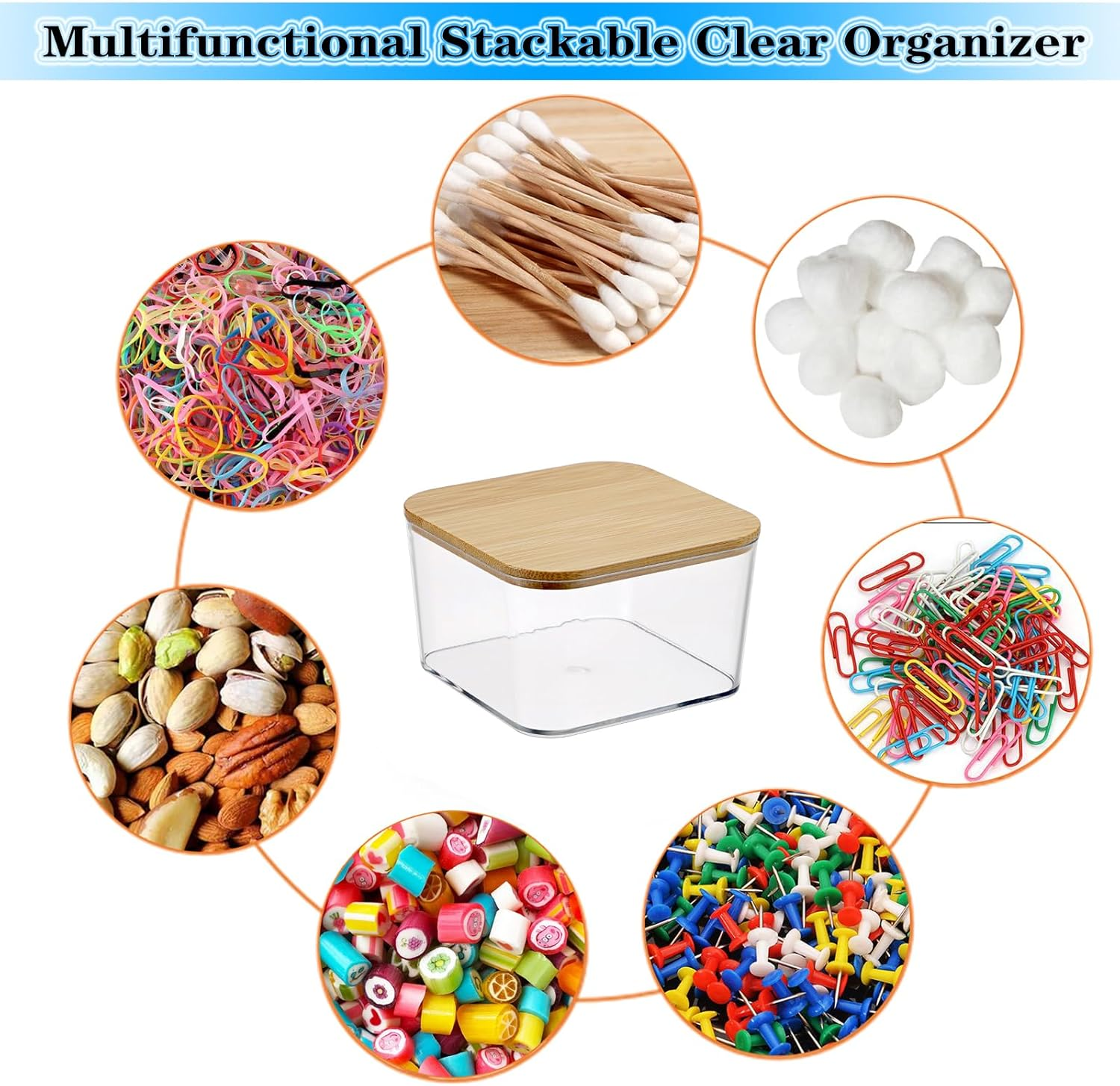 OGA Staple Dispenser Office Clips Box Plastic Box with Bamboo Lid Small Transparent Storage Box Versatile Desk Organiser for Paper Clips, Paper Clip, Letter Clips 8.5 X 8.5 X 5 Cm