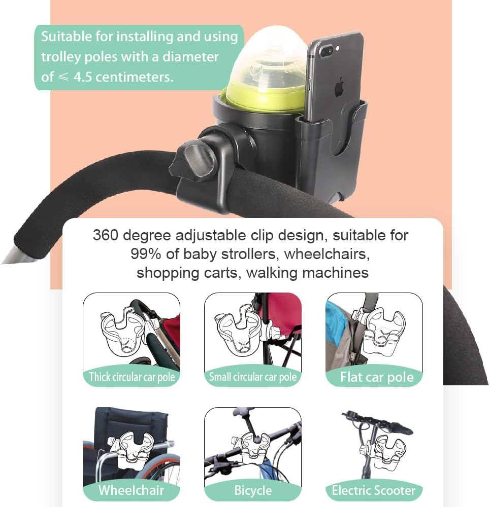 Honeteek Stroller Cup Holder with Phone Holder, 2-In-1 Universal Cup Holder Attachment for Doona Strollers Walker Bike Wheelchair, 360&deg; Rotatable Adjustable Water Drink Bottle Doona Trike Accessories image number 1
