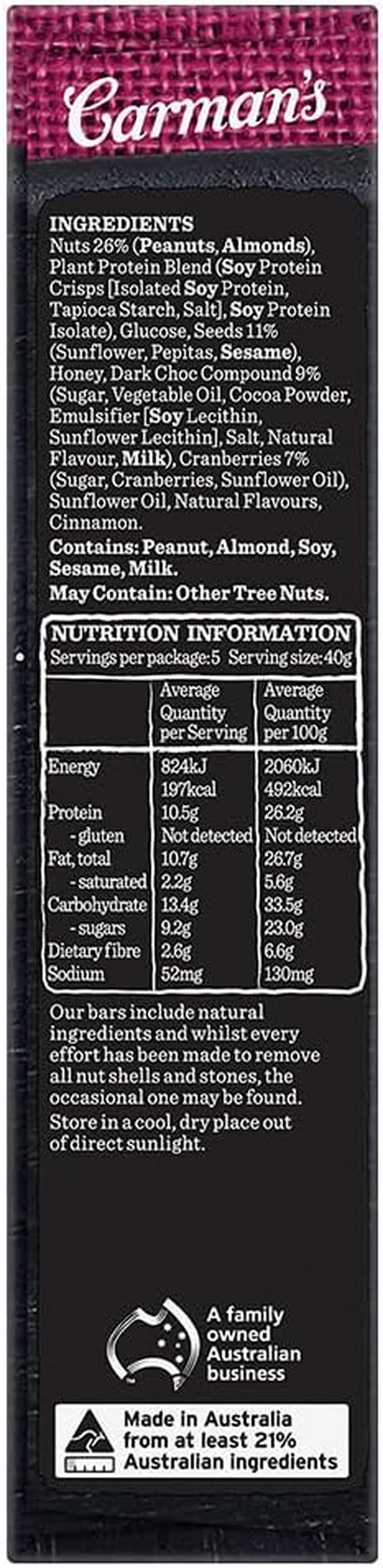 Carman'S Protein Bars Dark Choc & Cranberry Gluten Free 6X200G (Pack of 30) image number 4
