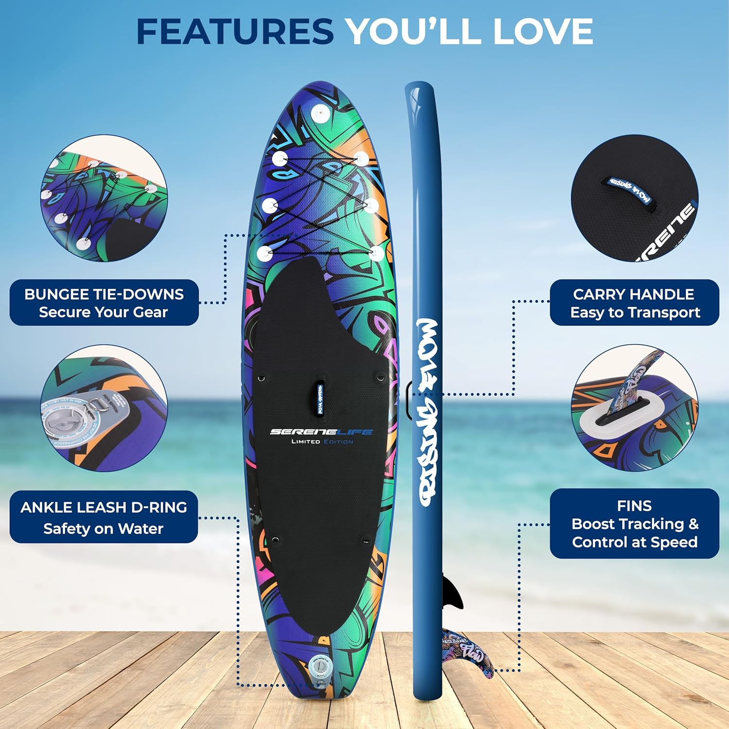 Serenelife Stand up Paddle Board Inflatable, Paddleboard W/Sup Accessories, Includes Safety Leash, Oar Paddle, Manual Air Pump, Repair Kit, Storage Bag & 3 Fins- Very Sturdy for Adults & Kids. - Black image number 3