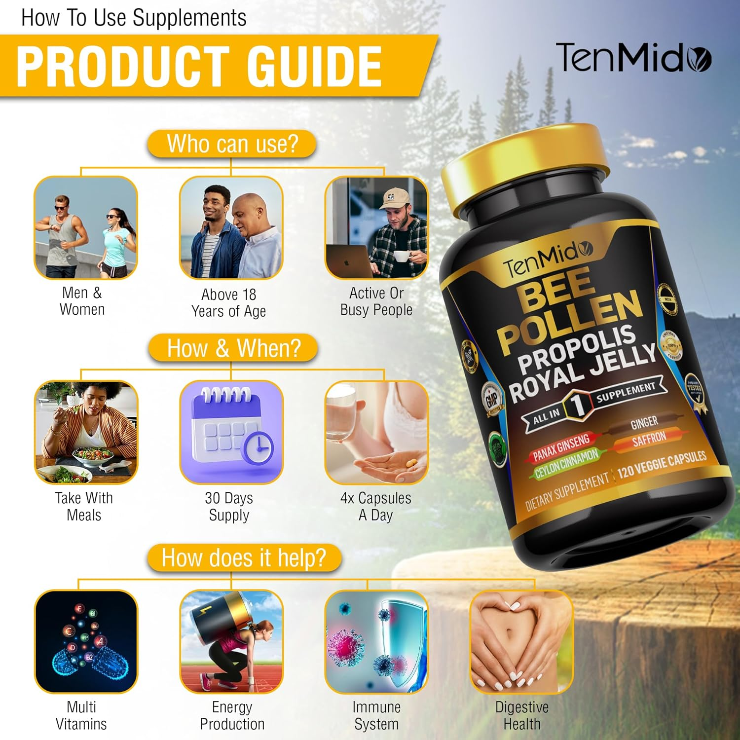 Organic Bee Pollen Supplement - 7In1 Formula - Combine with Propolis, Royal Jelly, Panax Ginseng, Ceylon Cinnamon, Ginger, and Saffron - Digestive Health, Immune Support - 120 Capsules image number 3