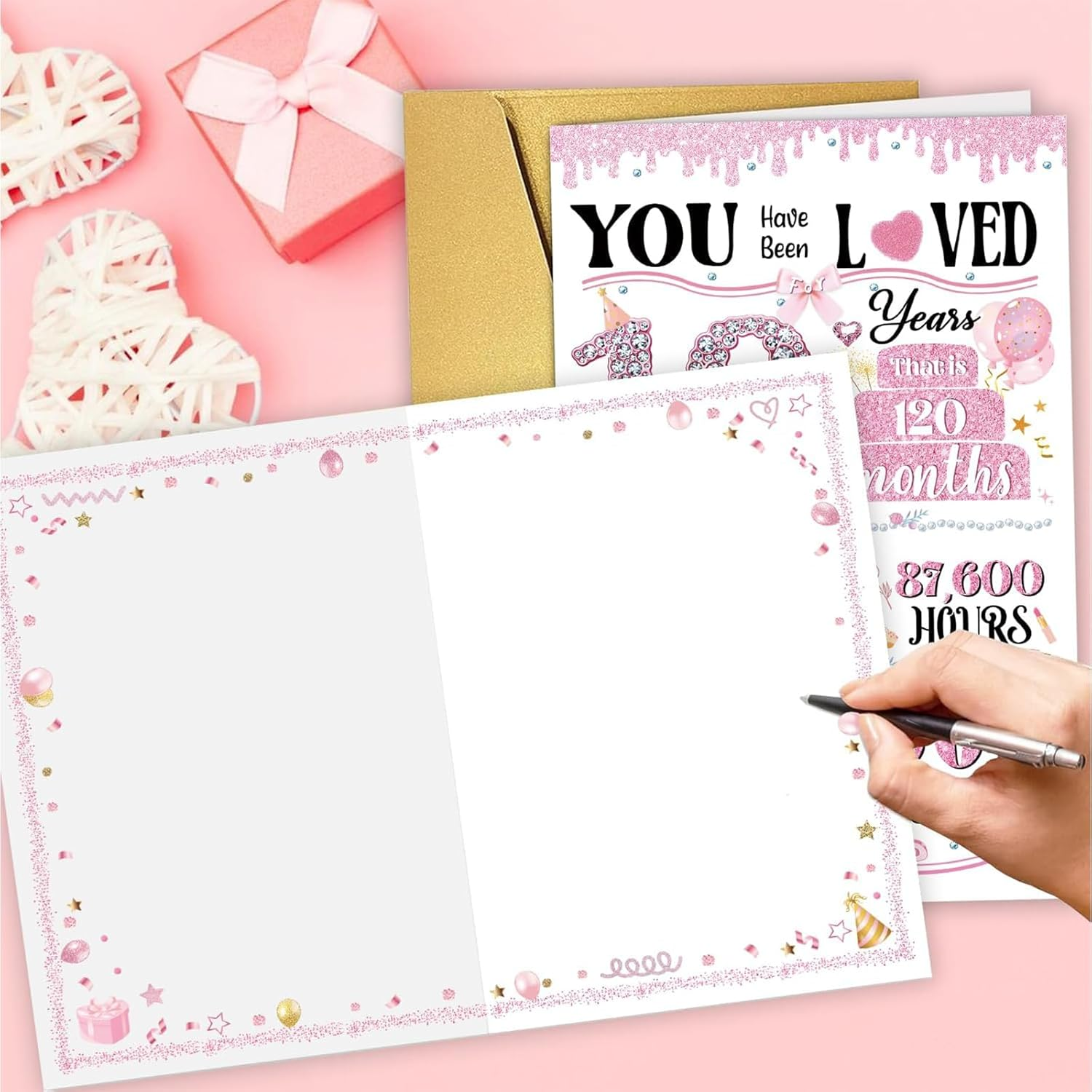 10Th Birthday Card for Boys Girls, Funny Greeting Card with Several Important Time (Years/Months/Weeks/Days/Hours/Minutes), Party Decor Supply Ideas Birthday Gifts for Him or Her, Pink image number 1