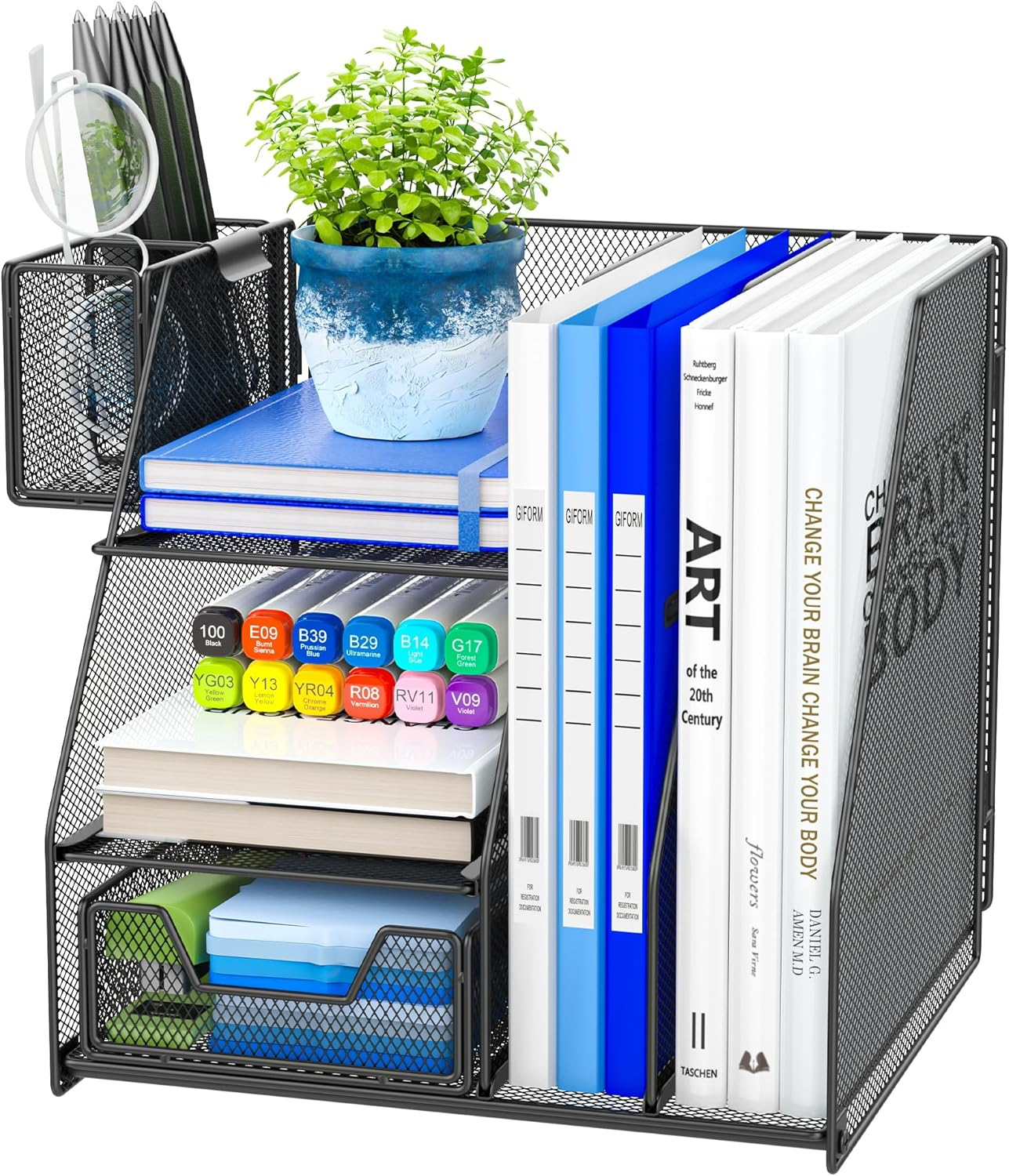 ADO03 Metal Mesh Desk Organizer with File Holder, 2-Tier Paper Letter Tray and One Drawer, 2 Pen Holders & 2 Vertical Magazine Holders for Office Supplies, Black image number 2