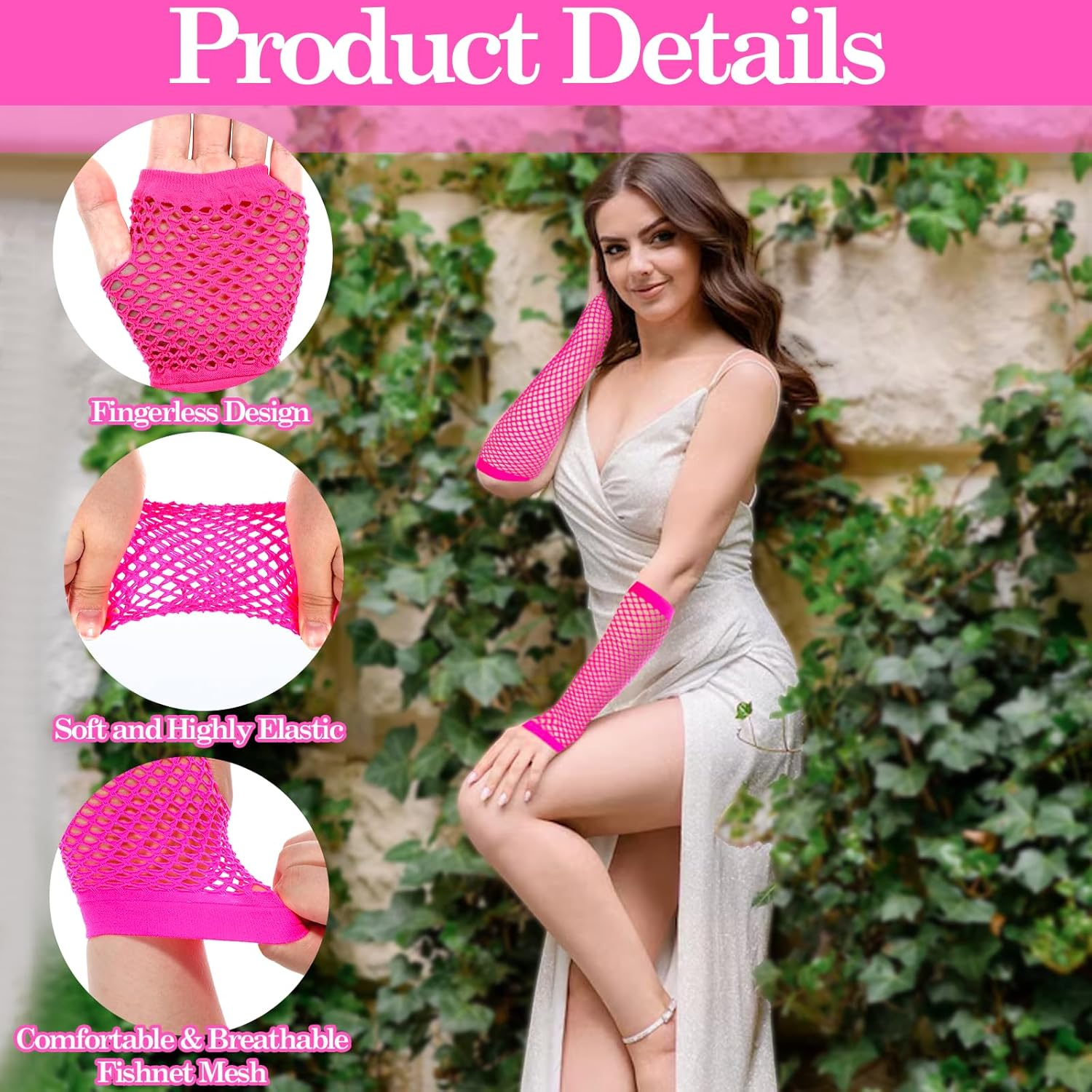 Skrfren 2 Pairs Fishnet Gloves Fingerless for Women, Women'S Mesh Emo Fingerless Arm Fishnet Gloves for 80S Costume Theme Party, Fish Net Arm Sleeve Mesh, Hot Pink, Long&Short image number 4