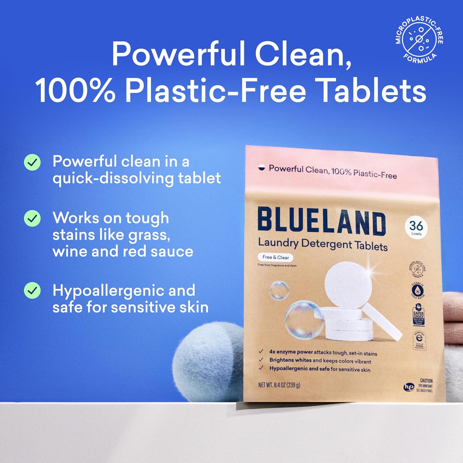 BLUELAND Laundry Detergent Tablets 36 Count, Plastic-Free Alternative to Pods, Sheets, or Liquid - Natural, Sustainable, Eco-Friendly Laundry Detergent in Compostable Pouch image number 2
