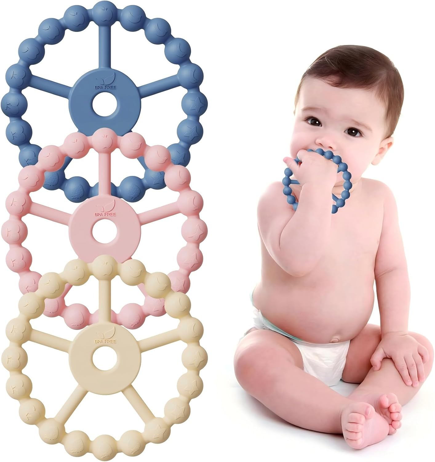 3 Pack Ring Teether Baby Infant Toys, Silicone Teething Ring Toys for Baby Teethers 6-12 Months 12-24 Months, Easy to Grasp Toy, Baby Teething Relief, BPA Free Newborn Accessories (Blue Pink Beige) image number 1