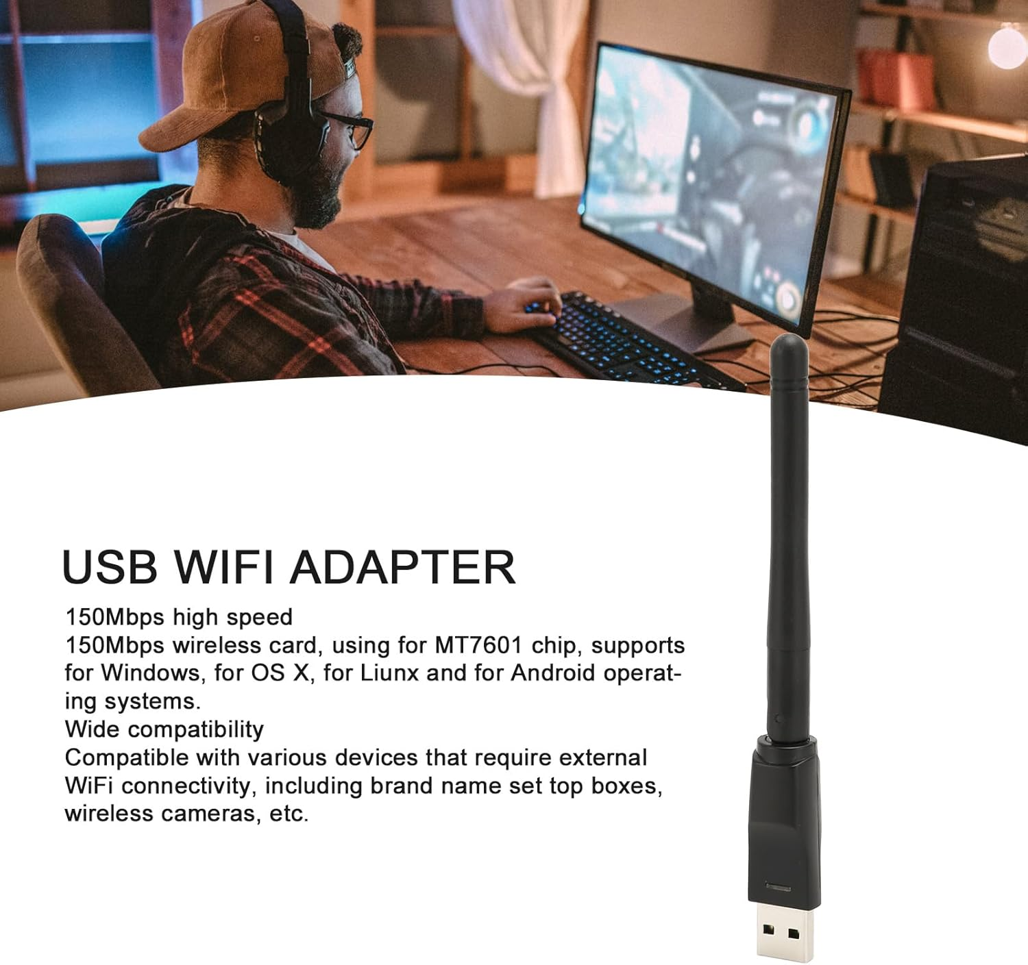 MT7601 USB Wifi Adapter, High Speed 150Mbps Wireless Network Card Adapter with Integrated Antenna for Windows Desktop Laptop, 150Mbps Wifi Adapter image number 6