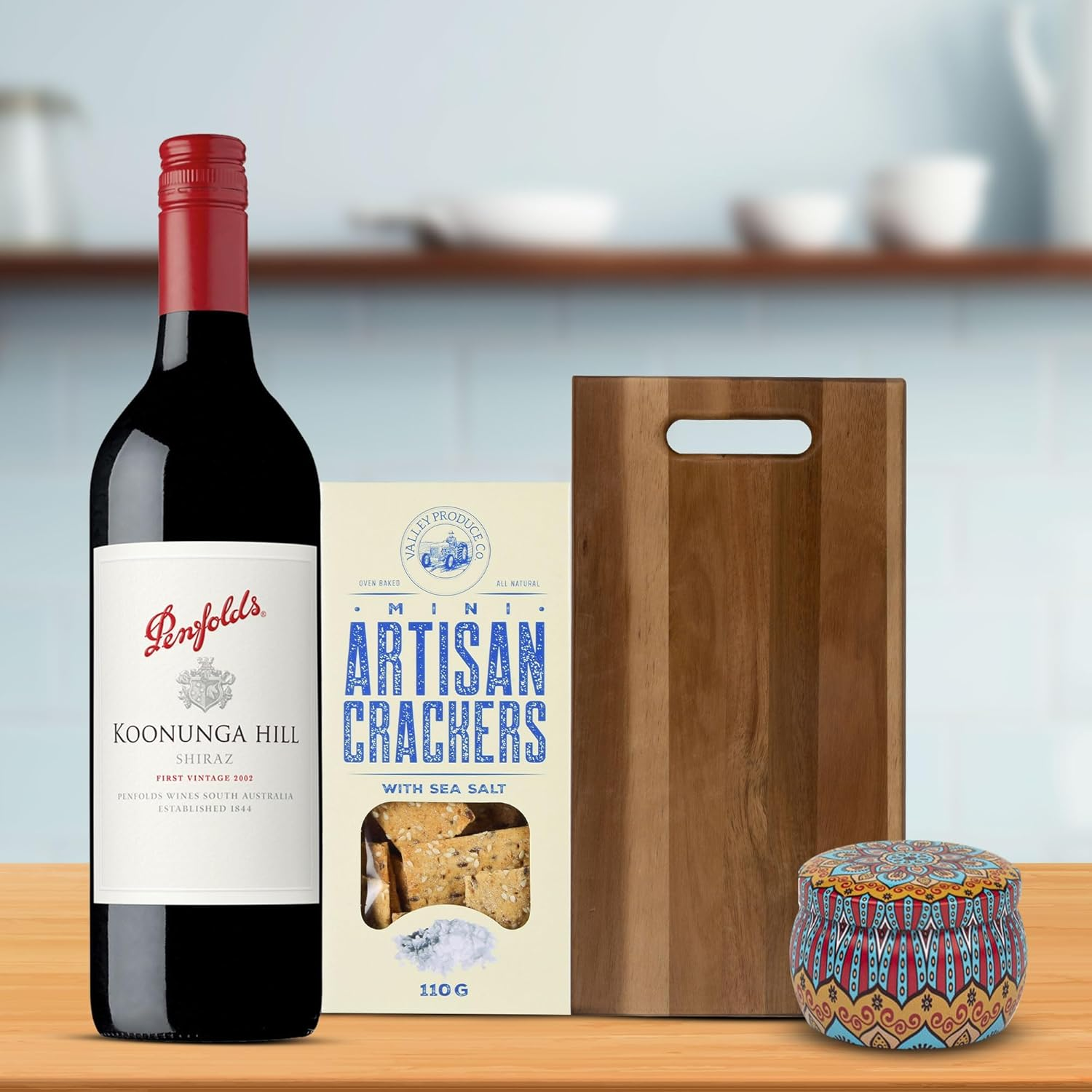 Luxury Wine & Gourmet Gift Hamper, Quality Shiraz, Artisan Crackers, Scented Candle, Small Serving Board, Perfect for Birthday or Thank You Gift image number 3