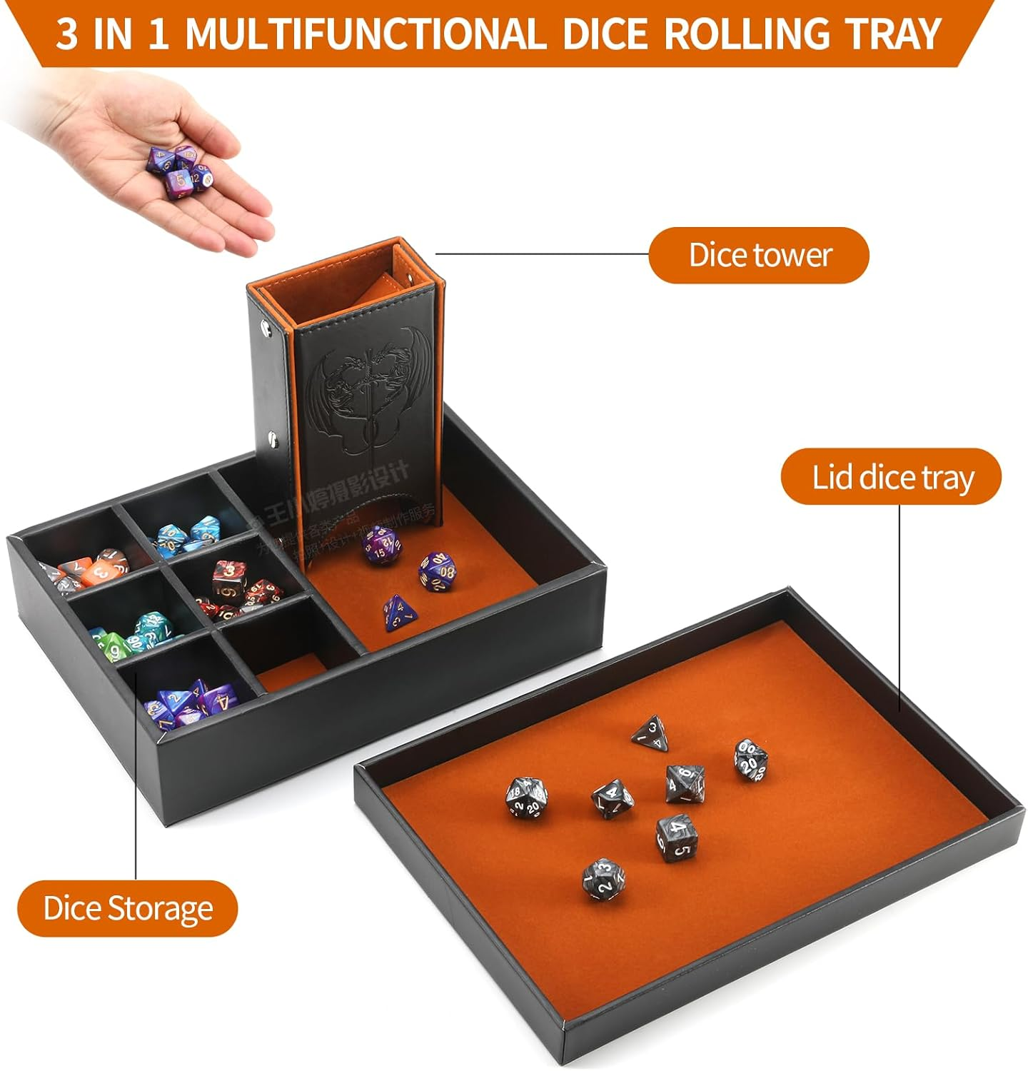 DND Dice Tray and Dice Tower with Storage, 3 in 1 Dice Rolling Tray with Lid, Portable Dice Box Storage, DND Dice Holder for Dungeons and Dragons D&D RPG MTG Table Games - Brown image number 5