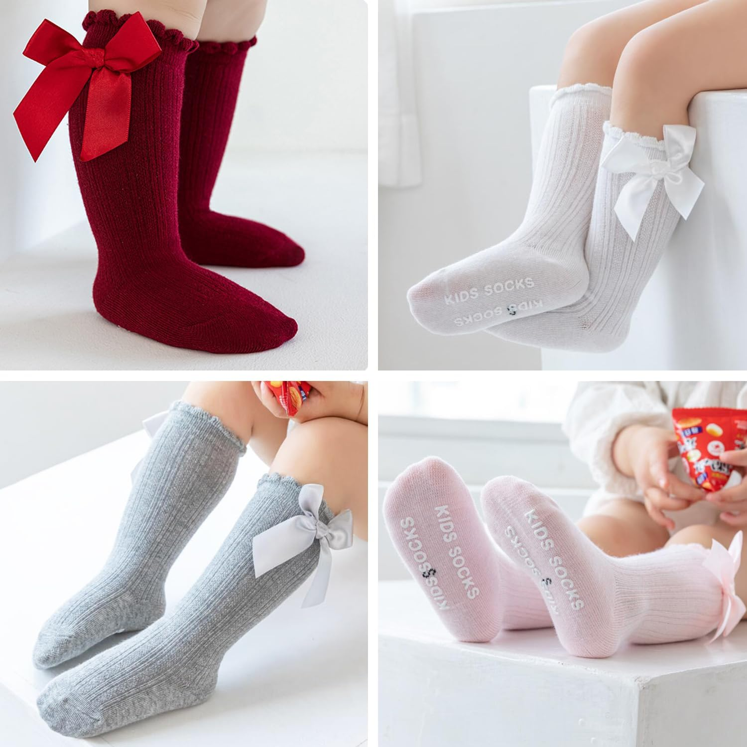Baby Girls Knee High Socks 5 Pairs, Non-Slip Infant Toddler Bow Stockings Breathable Knit Bowknot Ruffle Knee High Socks Cotton Newborn Infant Long Stocking Socks Tube Ruffled Dress Socks image number 1