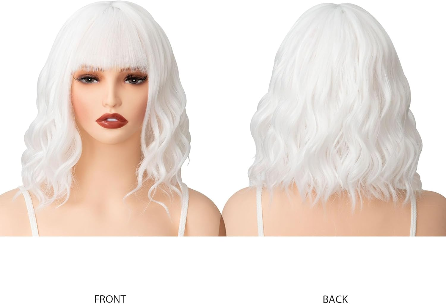 Luxiremi Wigs Snow White 12 Inch Short Shoulder Length Curly Wavy Bob with Fringe Synthetic Cosplay Wigs for Women Carnival