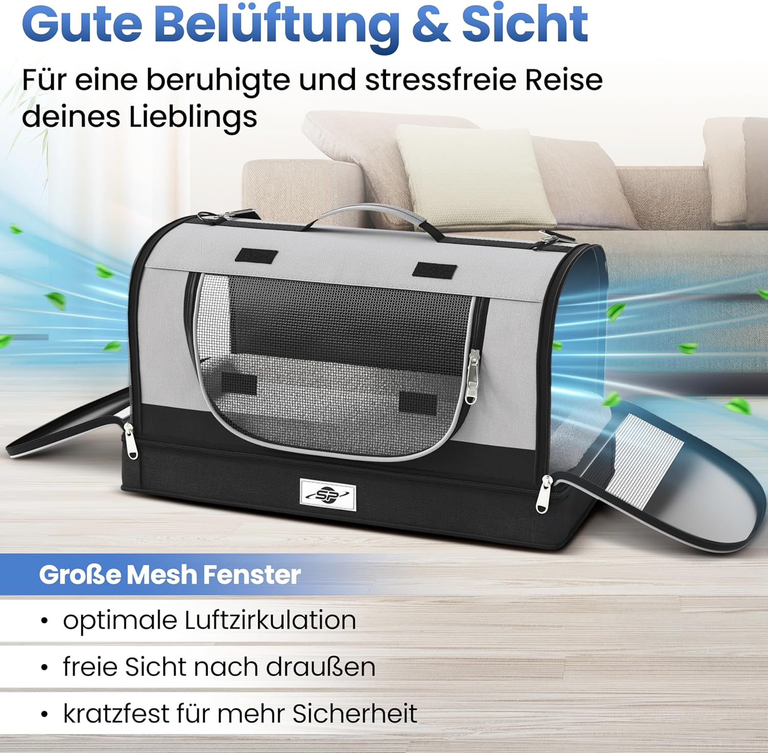 Foldable & Stable Cat Transport Box with Removable Base - Transport Bag for Cats and Small Dogs up to 8 Kg Including 2 Bowls, Shoulder Strap, Safety Lead, Ventilation, Reflectors image number 5