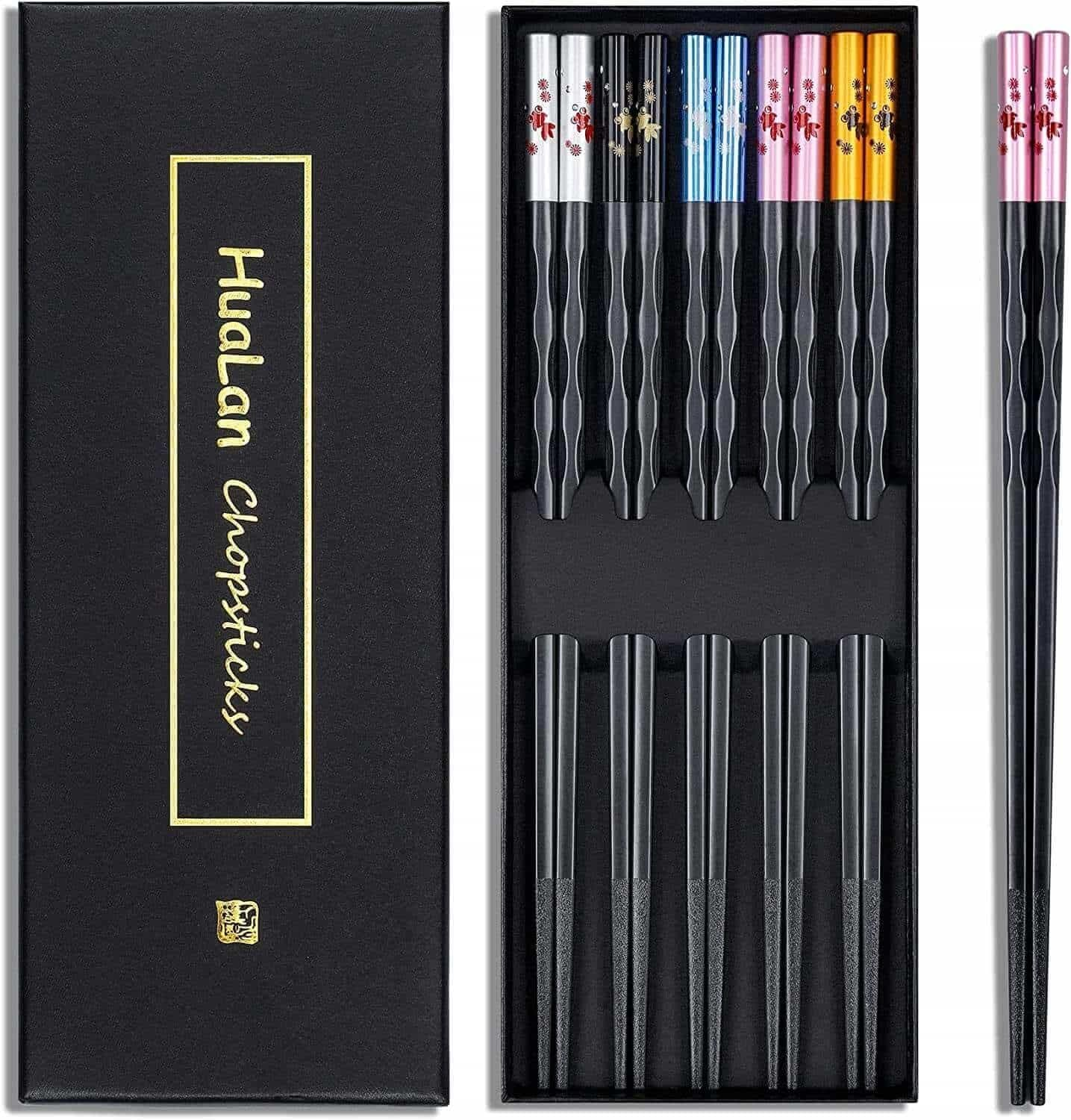 Fiberglass Chopsticks Series - Japanese Non-Slip Chopstick, Reusable Chop Sticks Dishwasher Safe, 5 Pairs, Gift Set, 9.9 Inches, Spring Flower