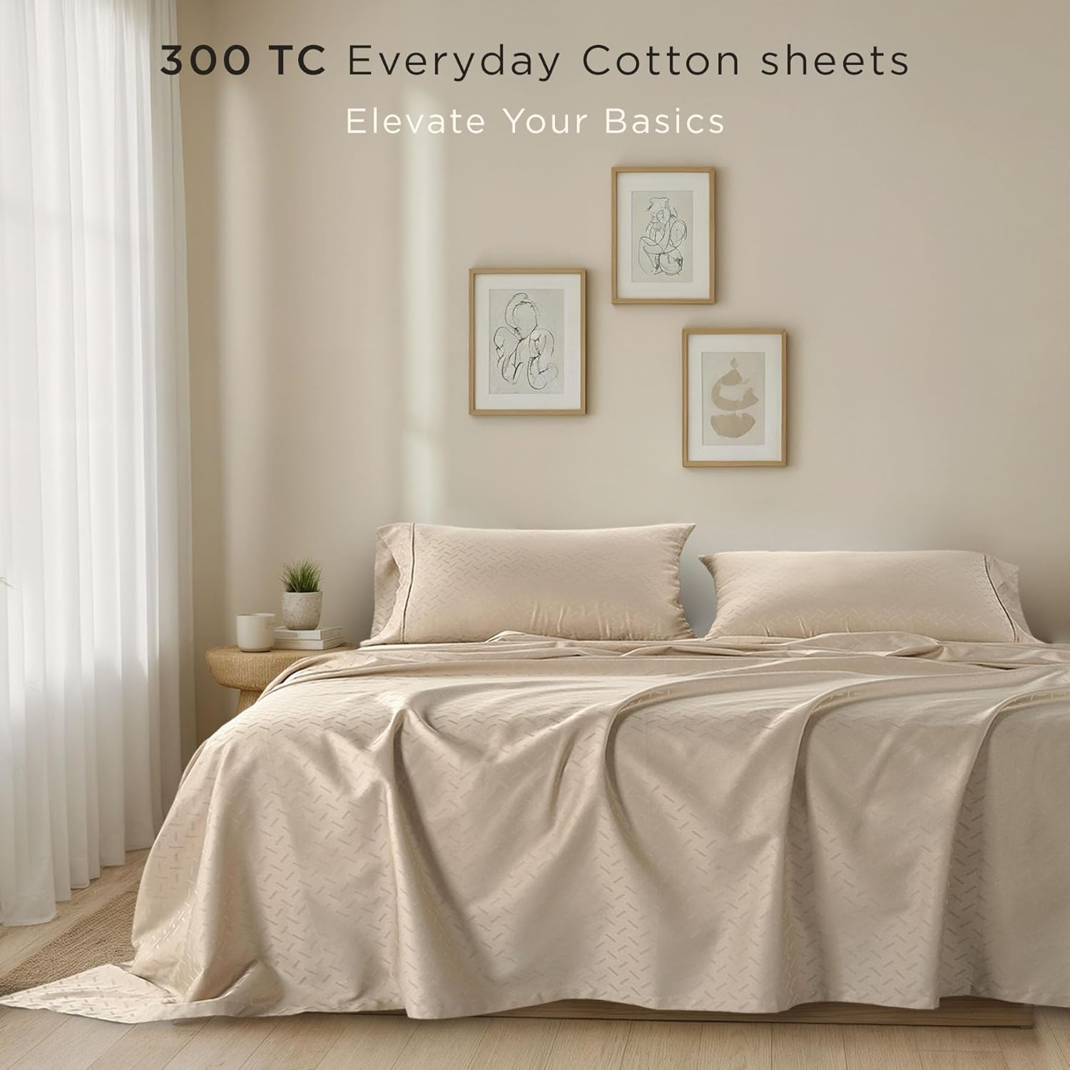 (Twin XL, Astra Beige) - 300 Thread Count Astra Jacquard Collection 100% Cotton Sheets 3 Piece Bedsheet Set, Luxury Bedding All around Elastic Fits Mattresses up to 46Cm Deep Pocket Smooth Sateen Twin XL Size Beige image number 1
