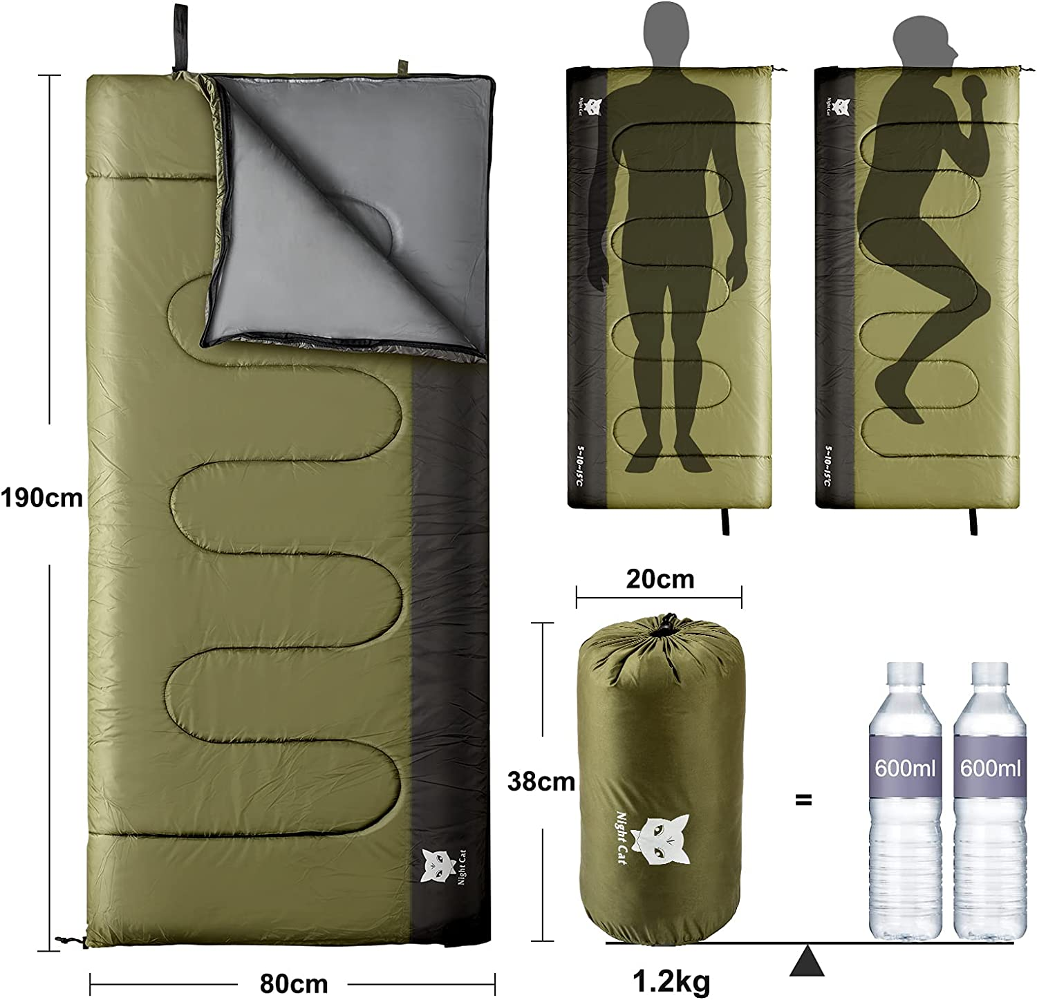 Night Cat Camping Sleeping Bag for Adults 3 Seasons Portable Lightweight Backpacking Hiking Traveling Indoor Outdoor Recommend 5℃-15℃ 80X190Cm Switch to a Quilt or Blanket image number 4