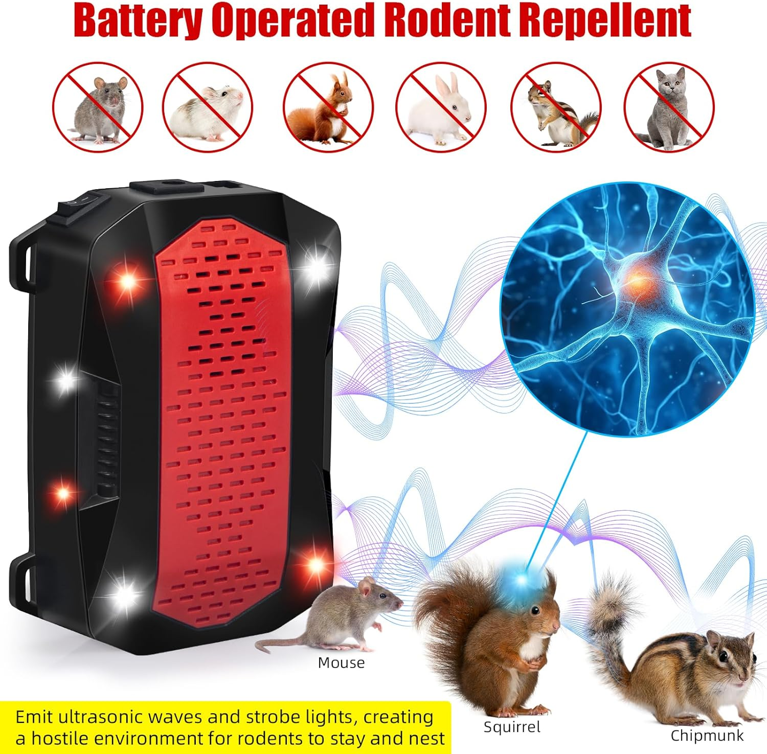 2 Pack Ultrasonic Rodent Repellent under Hood Animal Repeller Battery Powered with Red & White Strobe Lights Rat Deterrent Out of Car Engines Rodent Defense Vehicle Protection