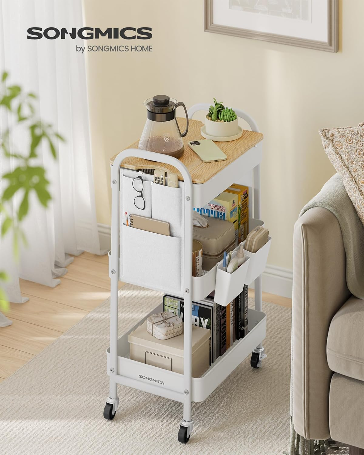 SONGMICS Kitchen Trolley, 3 Metal Mesh Shelves, Serving Trolley, 2 Removable Hanging Containers, 2 Organisers, for Office, Kitchen, Living Room, Bathroom, Cloud White LRC036W01 image number 5