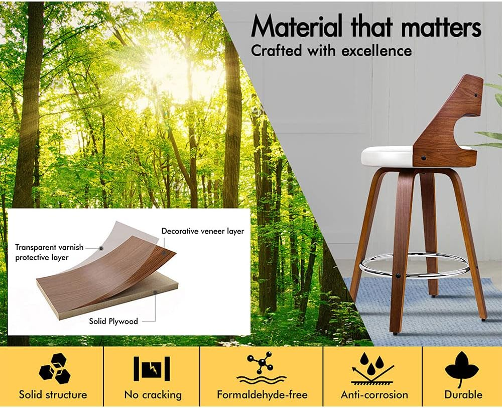 ALFORDSON Bar Stools 2X Swivel Kitchen Stool 65Cm Seat Height Wooden Counter Stool with Footrest and Adjustable Leg Levelers Leather Leather Dining Chairs for Home Bar Dining Room (Eden White) - 2 X Eden Black  White image number 3