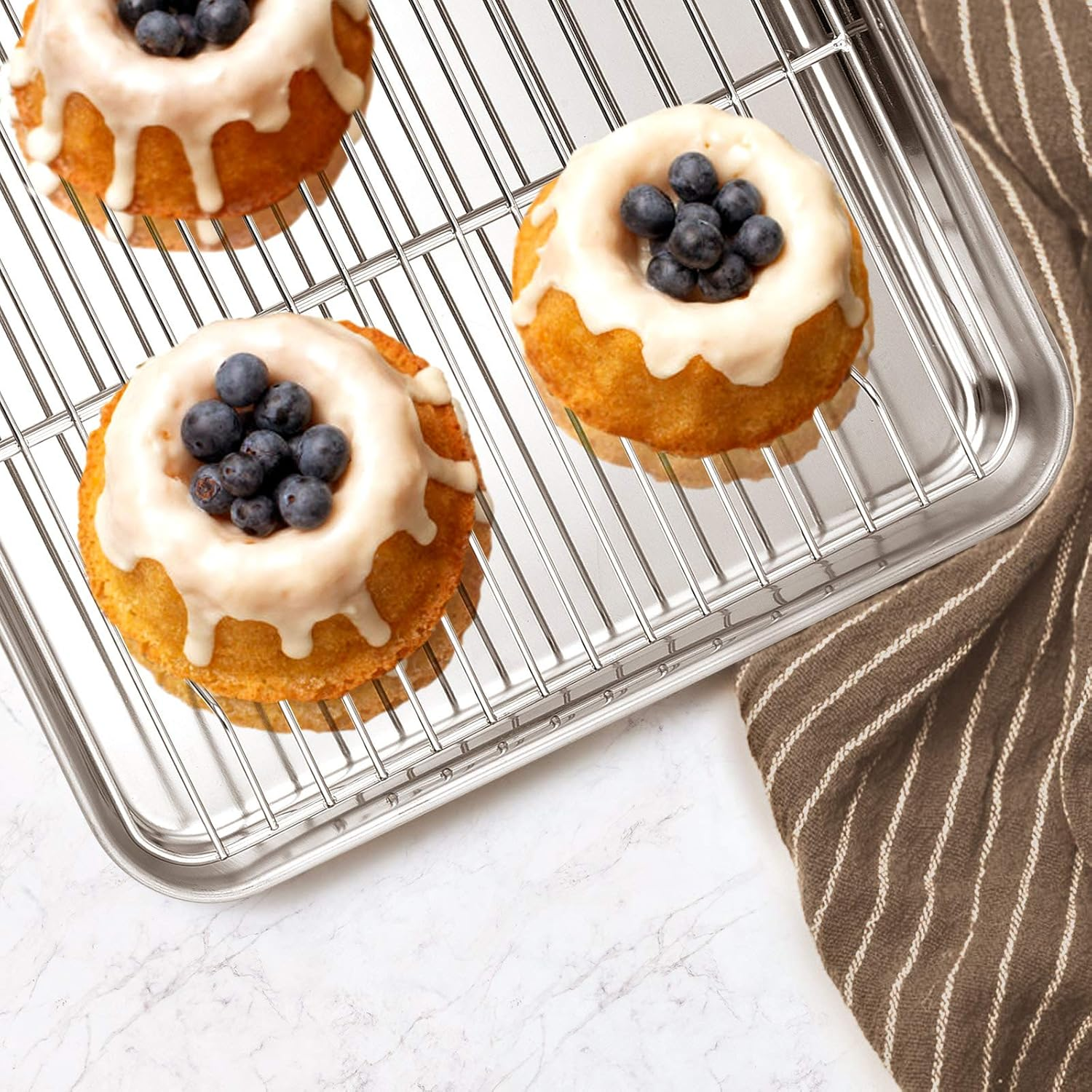 E-Far Stainless Steel Baking Pan Set, 9-Piece Bakeware Sets for Cake Cookie Loaf Muffin, Include Round, Square, Rectangle Baking Sheet Pan with Lid & Cooling Rack, Dishwasher Safe image number 5