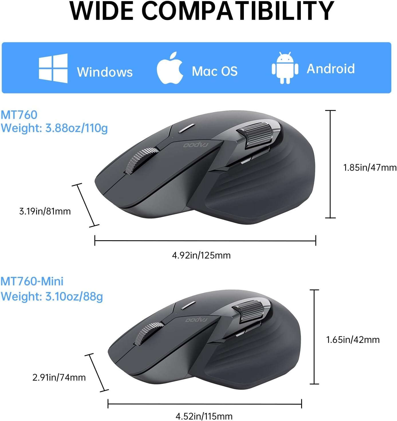 Rapoo Mt760Mini Bluetooth Wireless Mouse - Bluetooth 5.0 and 2.4Ghz Multi-Mode Connection, Support 4 Devices, M+ Cross Computer Technology, 11 Programmable Buttons, 90 Days Battery Life image number 3