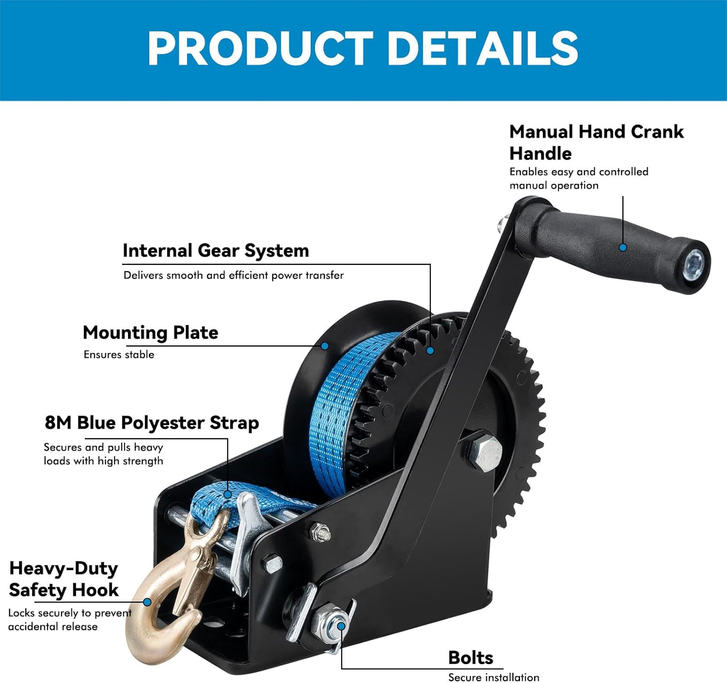2000LBS Boat Trailer Winch with 8M Polyester Strap and Safety Hook, Manual Hand Crank Winch, One-Speed Ratchet Gear Towing Winch Boat for ATV, Jet Ski, Marine,Truck Towing