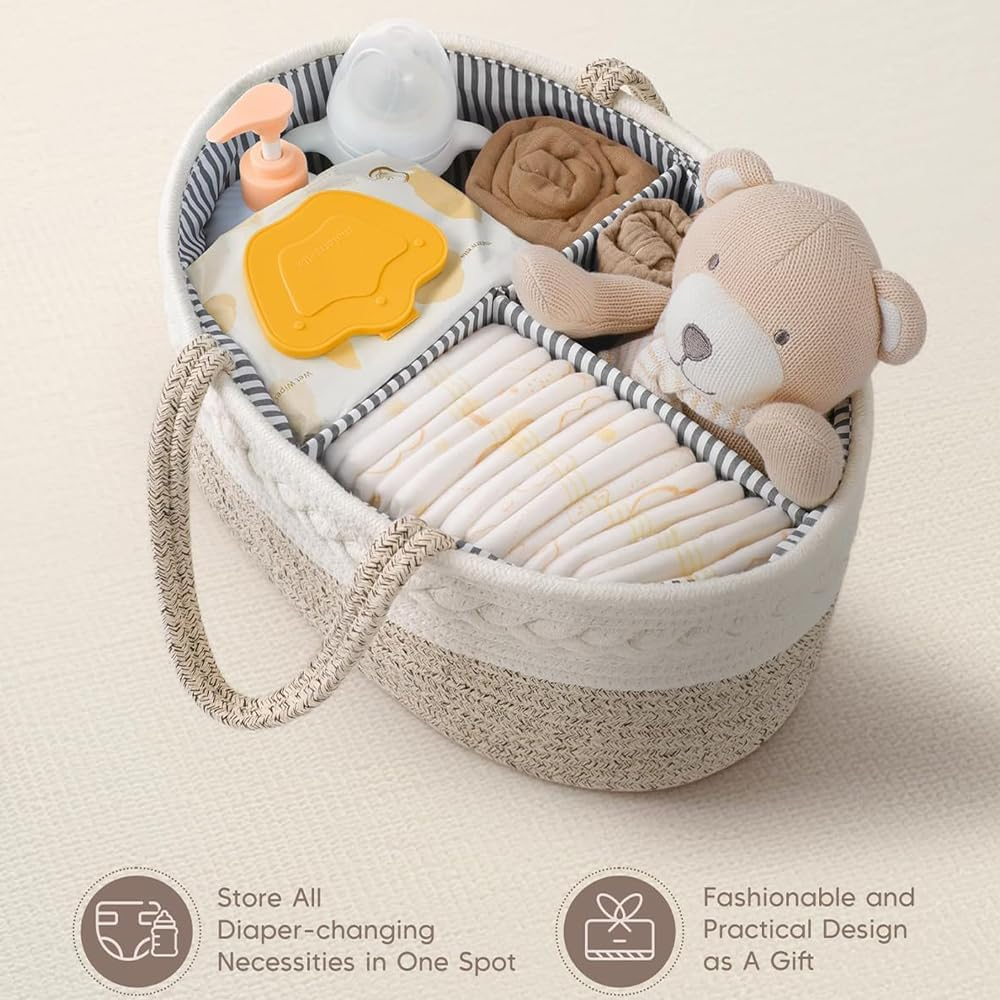 Baby Diaper Caddy Organizer, Foldable Cotton Rope Nursery Storage Basket, Portable Diaper & Wipes Holder for Changing Table, Car, Newborn Essentials