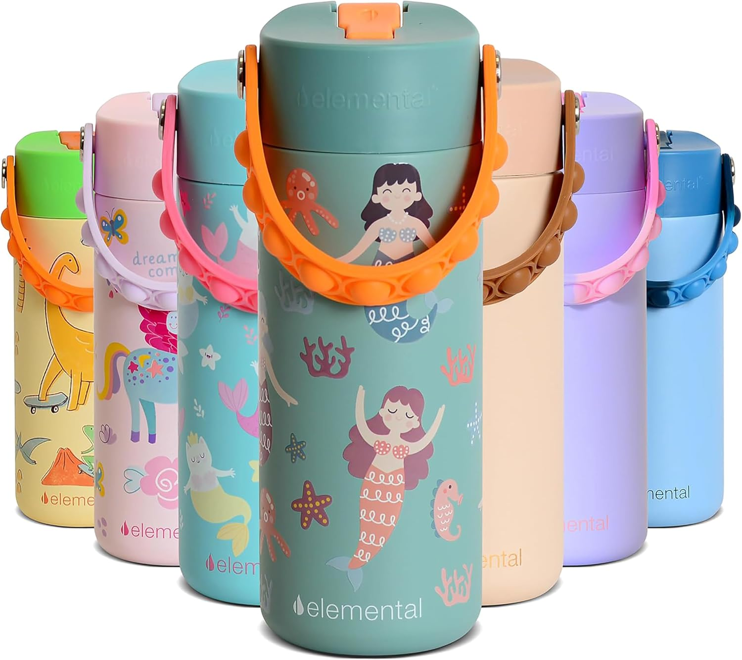 Elemental Insulated Kids Water Bottle, Stainless Steel Bottle with Straw Lid & Stress Reliever Pop-It Handle, Leak-Proof Bottle for School, Travel & Sports, 530Ml Unicorn Magic