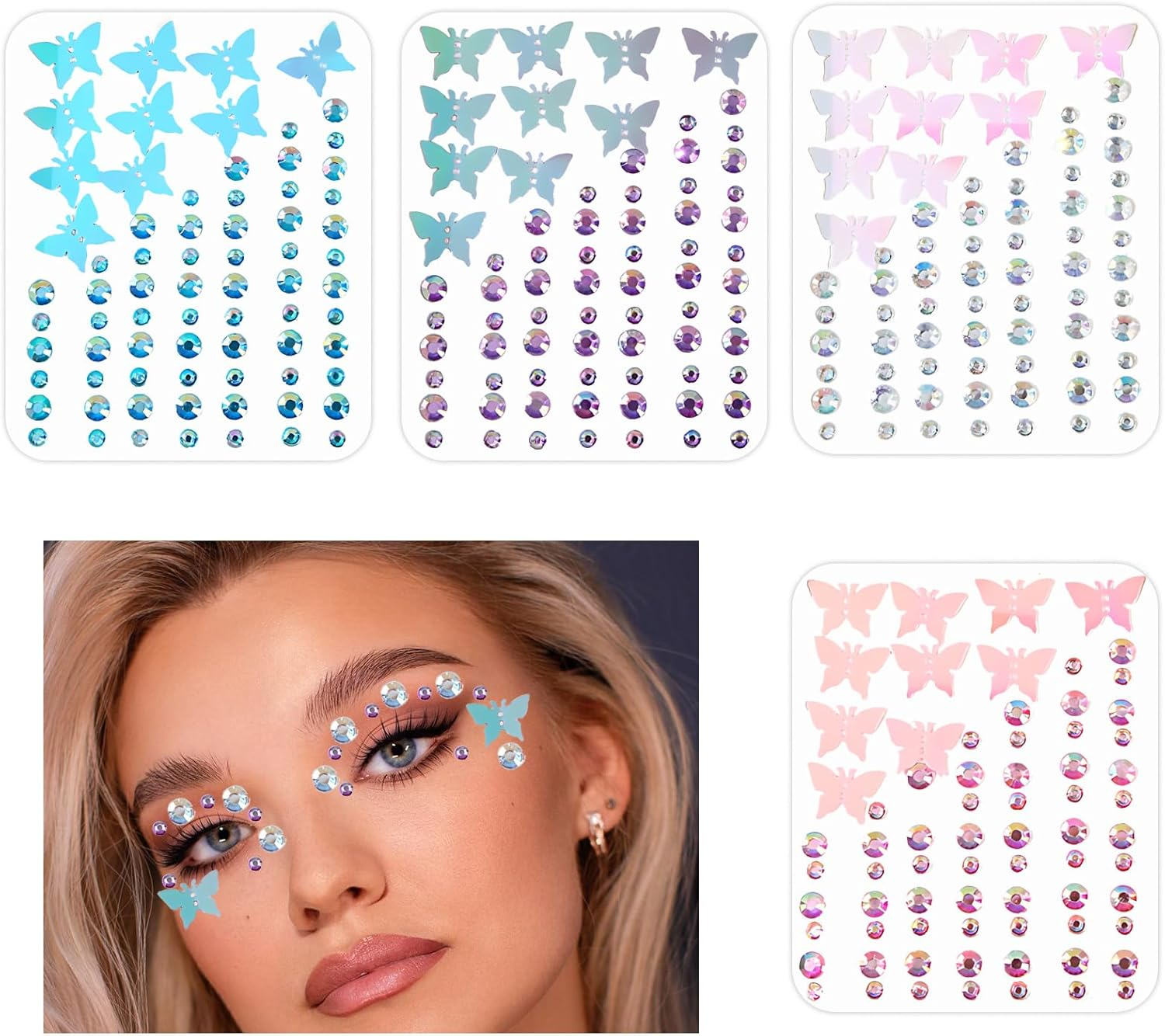 Kzvsiy 4 Sheets Butterfly Face Gems Rhinestone Stickers, Self-Adhesive Butterfly Glitter Tattoos for Eyes, Body, Hair & Nails, Rave Accessories and Party Decor Makeup Stickers for Women and Girls image number 4
