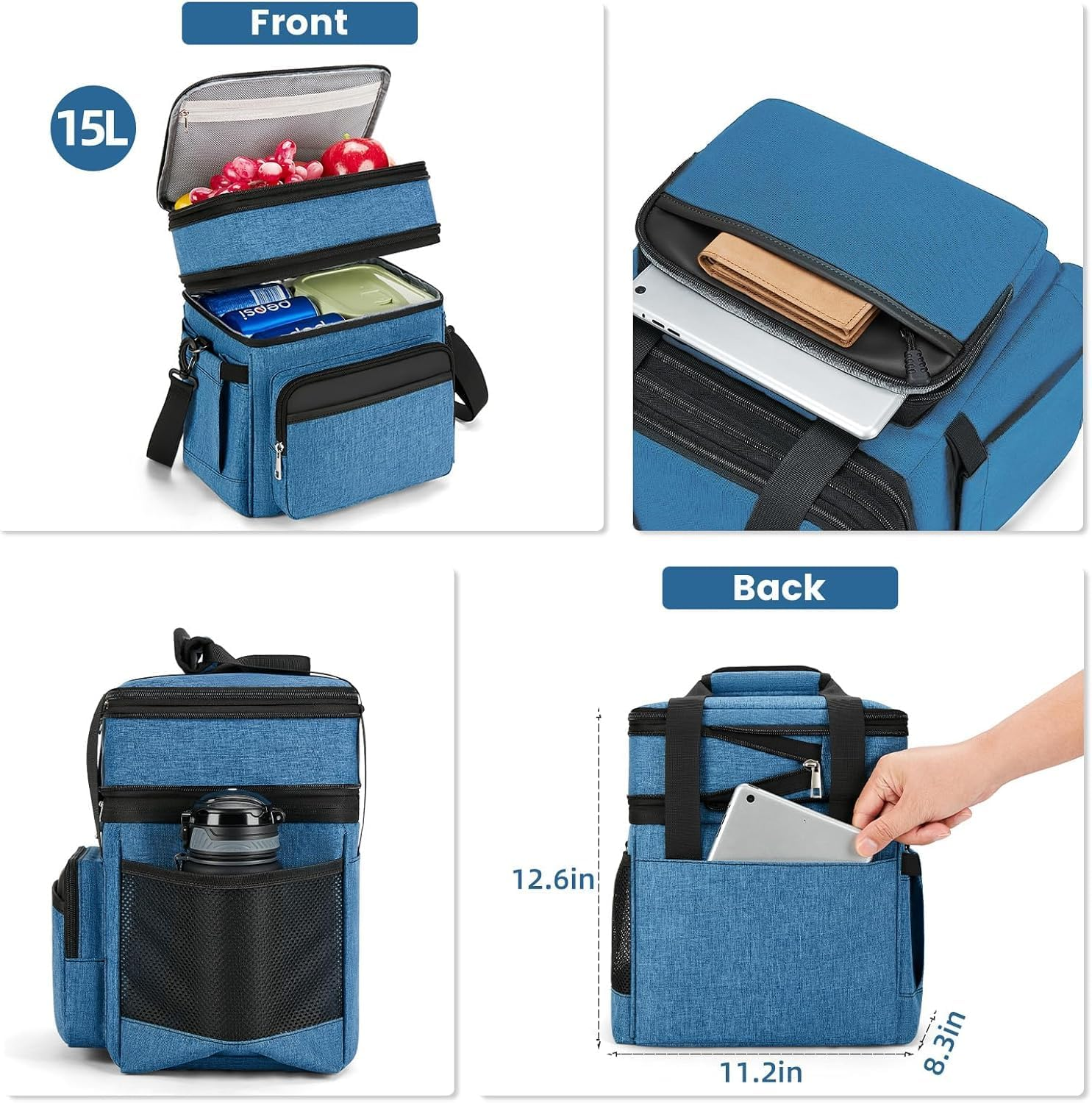 Large Insulated Lunch Bag, 2 Deck Lightweight Lunch Box Lunch Cooler Leakproof Insulated, with Waterproof Zipper/Shoulder Strap for Work, Office, School, Outdoor, Picnic (Blue)