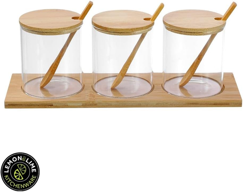 Lemon & Lime 380ML CAMDEN GLASS SPICE JAR 3PC SET BAMBOO TRAY with SPOONS image number 4