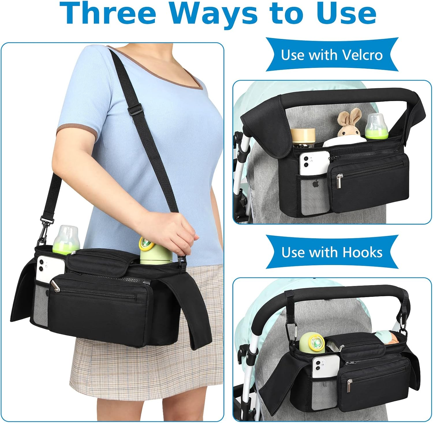 Accmor Universal Stroller Organizer with Insulated Cup Holder Detachable Phone Bag Shoulder Strap,Stroller Bag Caddy Organizer Accessories Stroller Organizer for Uppababy, Baby Jogger Strollers image number 2
