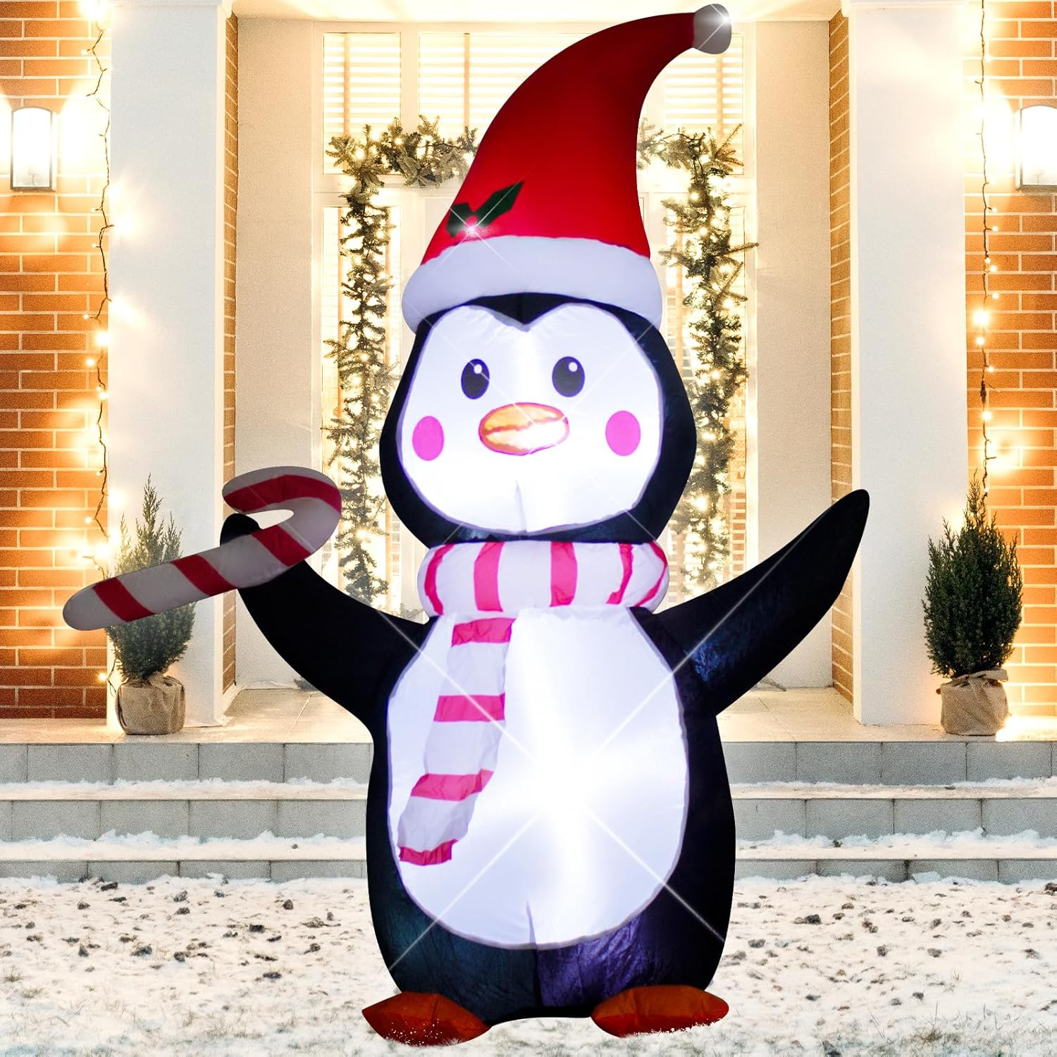 AJY 4FT Christmas Inflatable Penguin with Candy LED Lights for Xmas Blow up Indoor Outdoor Yard Lawn Decoration, Cute Fun Holiday/Christmas/Party/Yard/Garden Fantasy Party Display
