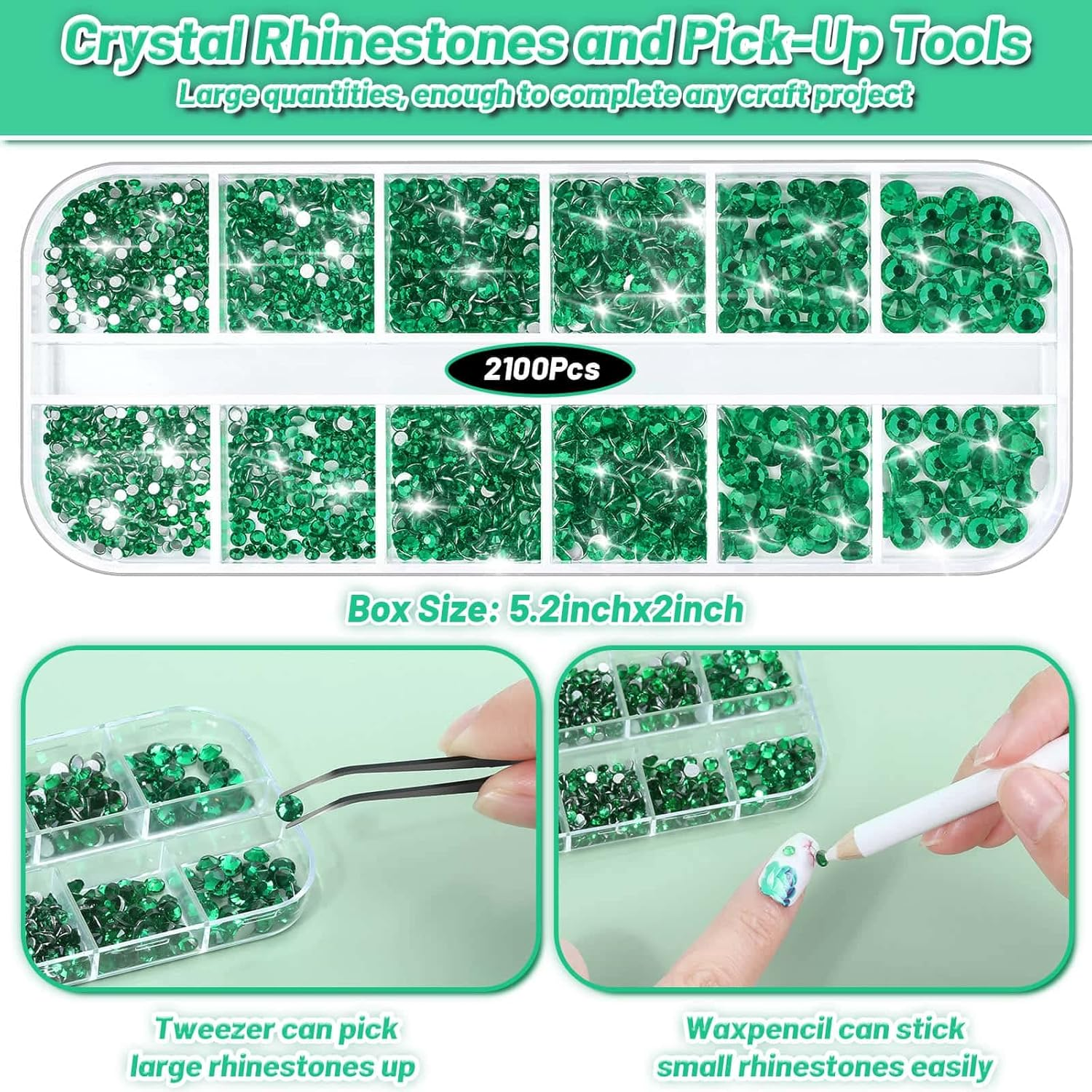 Audab B7000 Jewelry Adhesive with Rhinestones for Crafts, 2100Pcs Flat Back Gems Green Crystal Rhinestones with Tweezer Dotting Tools Gems Glue for DIY Clothes Fabric Shoes Make up Nail Art DAMN-0128 image number 1