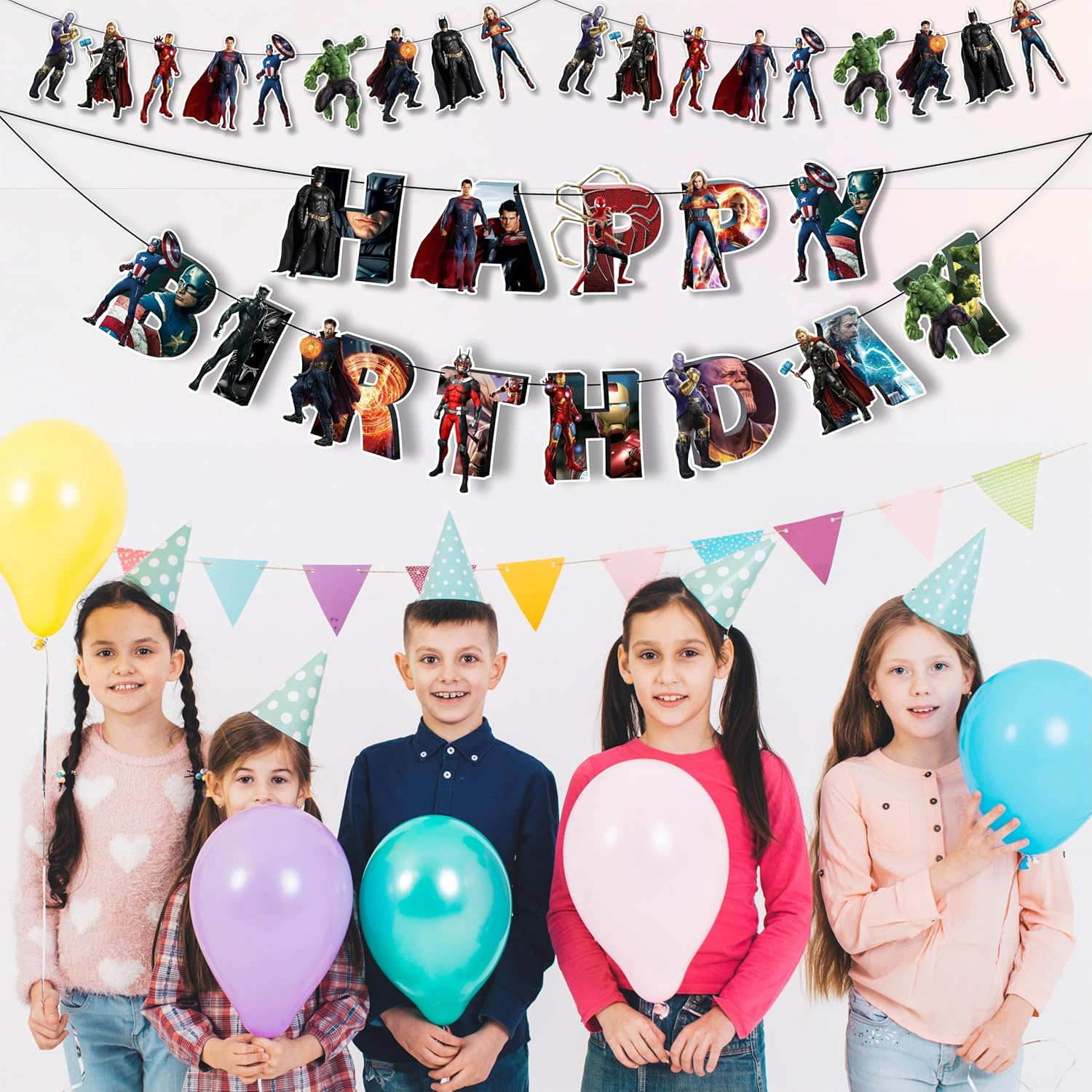 Superhero Theme Birthday Party Decoration Kit &ndash; Includes Happy Birthday Banner, Comic-Style Garland, Masks, Balloons, Table Props & Wall D&eacute;cor &ndash; Perfect&rsquo; Celebrations image number 4