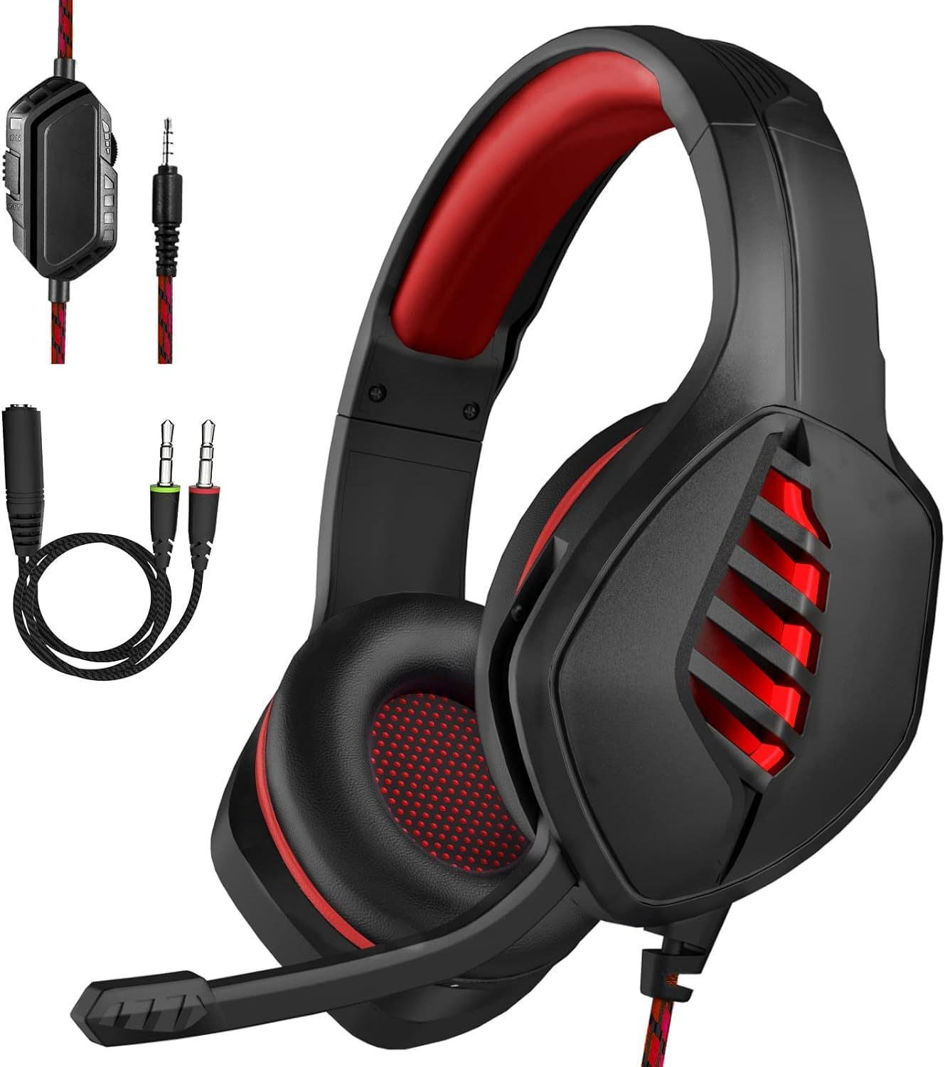 Gaming Headset with Microphone - for PC, PS4, PS5, Xbox One, Xbox Series X|S - 3.5Mm Jack Gamer Headphone with Noise Canceling Mic (Black&Red)