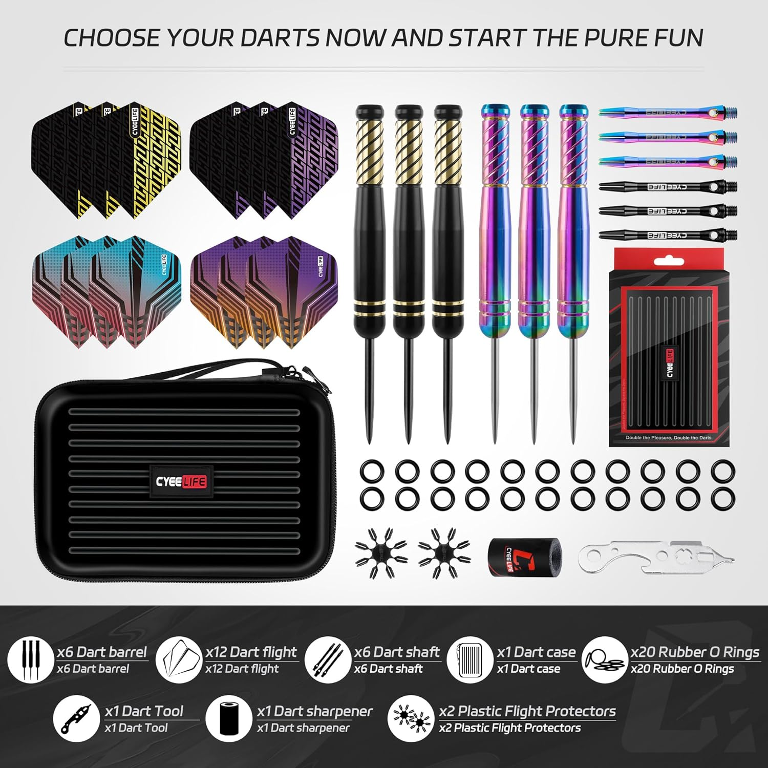 Cyeelife Pro Steel Tip Darts Set &ndash; 20G Brass Darts Gift Set with Dart Case | Includes 6 Aluminum Shafts, 12 Flights, 20 O-Rings, 2 Protectors, Sharpener & Tools for Beginners or Professionals image number 6