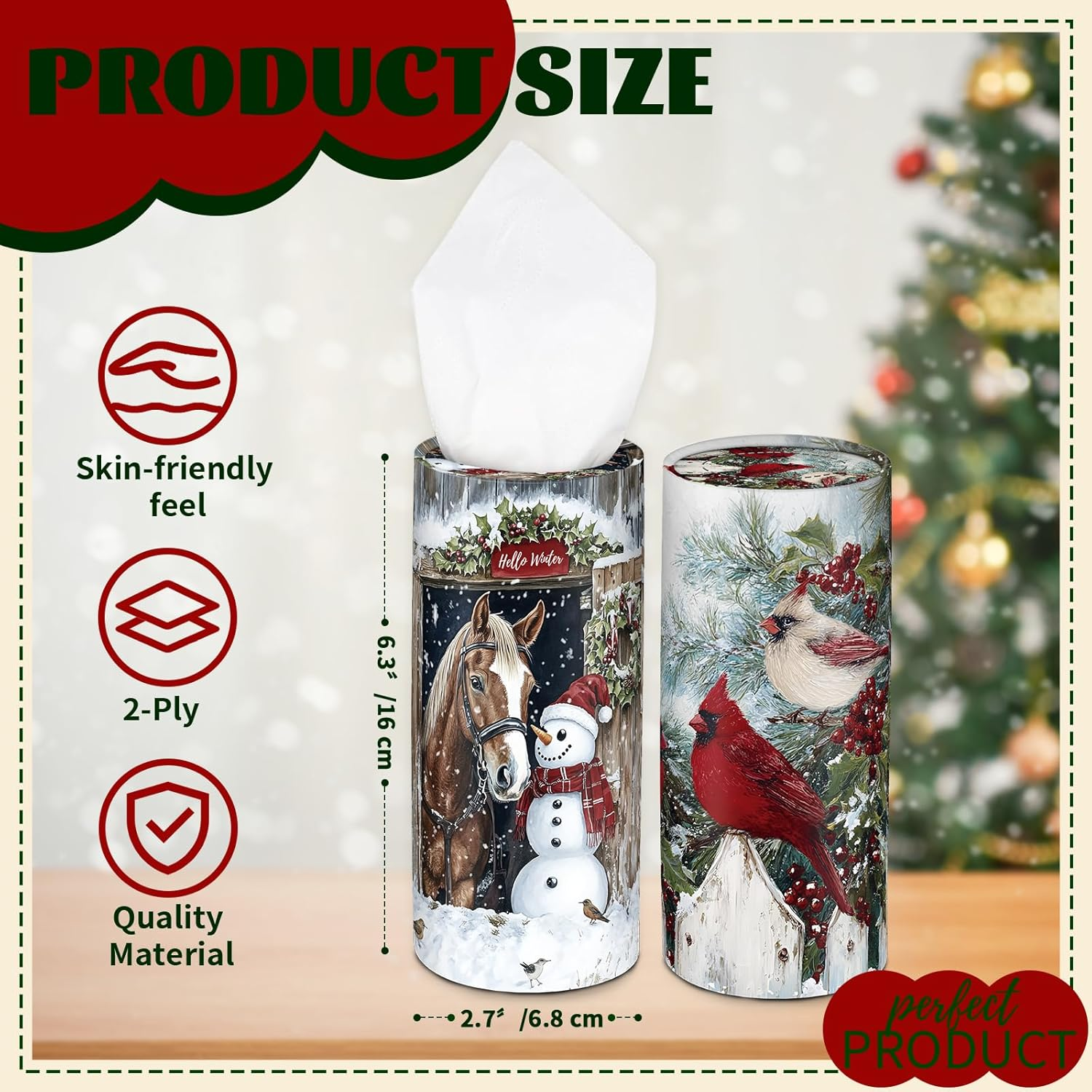 4 Pcs Christmas Car Tissue Holders with Facial Tissues, round Boxes with Festive Santa, Cardinal, Horse, and Snowman Designs, Winter Holiday Essentials for Car, Home, and Office - Style C image number 3