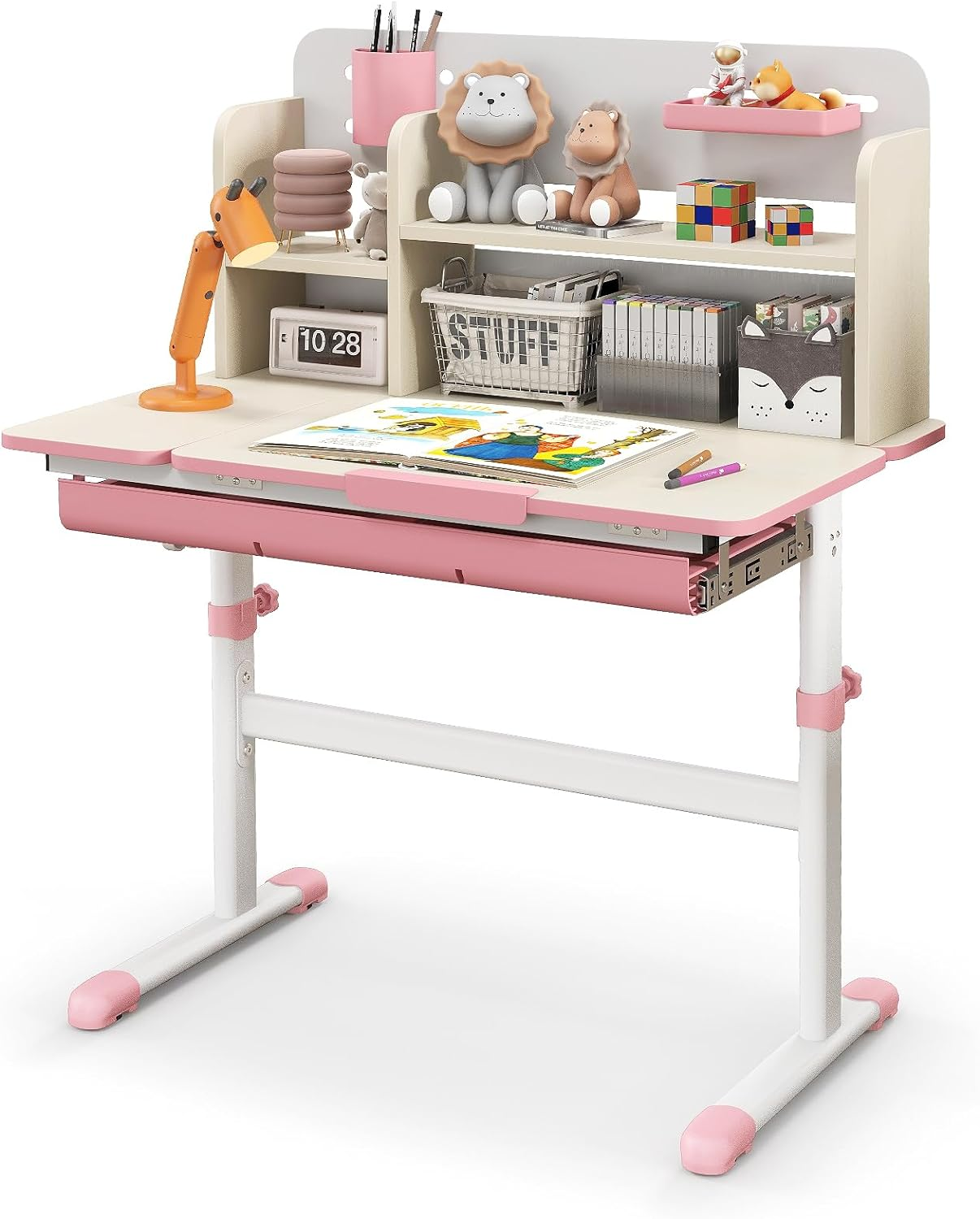 HONEY JOY Kids Study Desk, Height Adjustable Children Writing Table W/Tilt Desktop, Home School Student Learning Desk W/Hutch, Storage Drawer, Tray, Pen Holder & Scale Ruler for 3-12 Years, Grey