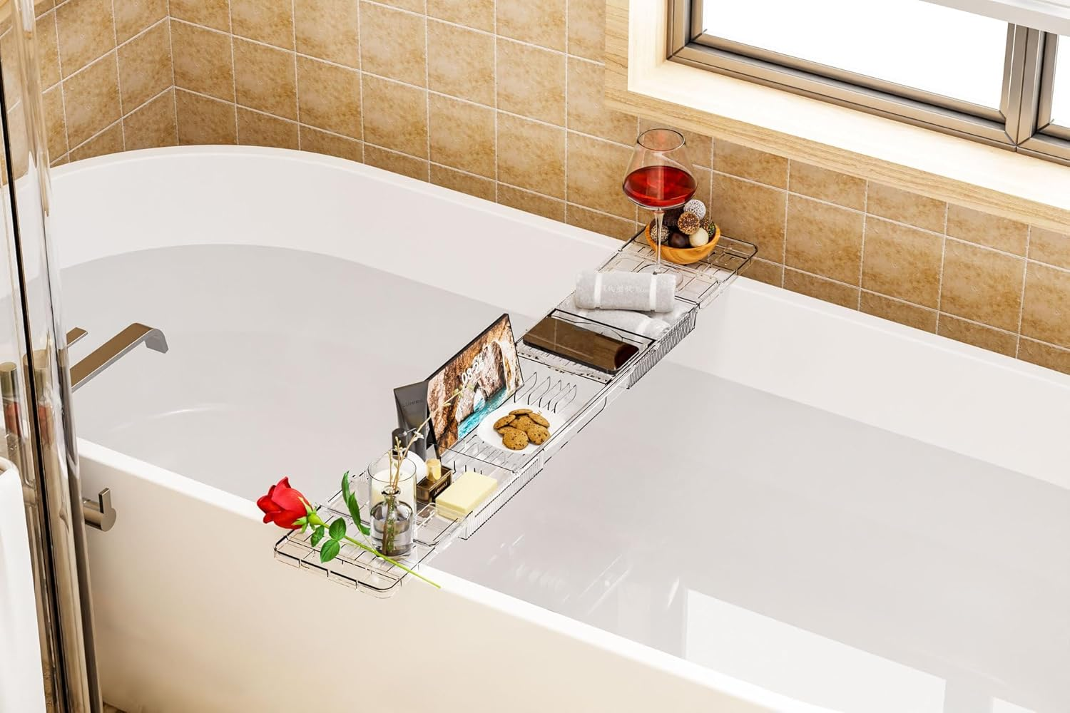 Bathtub Trays for Tub, Expandable Clear Bath Tray, Unique House Warming Gifts, New Home, Anniversary and Wedding Gifts, with Bath Reading Book and Ipad Holder (Clear) image number 6
