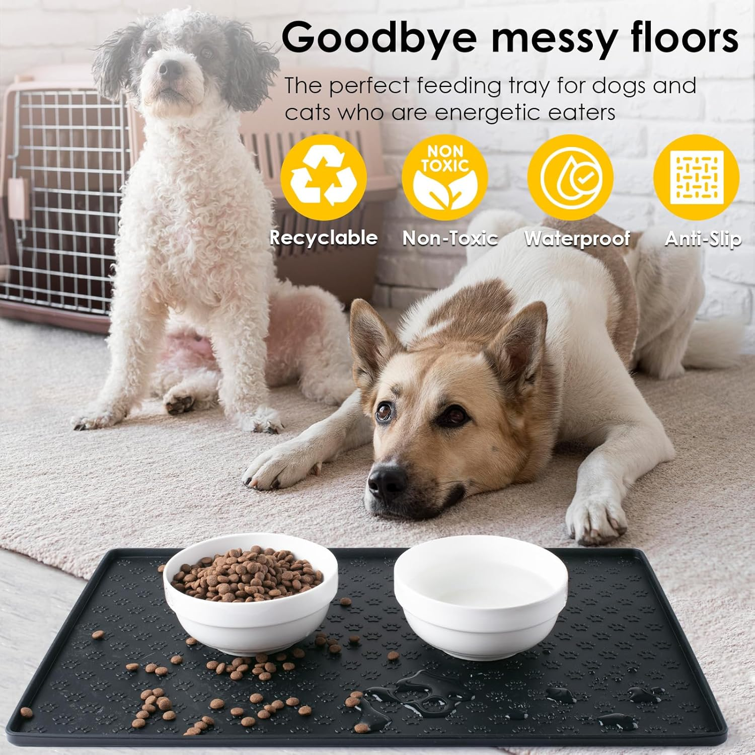 Silicone Dog Cat Food Mat, Waterproof Slip Resistant Raised Edge Pet Feeding Mats, Pet Bowl Mat Anti-Messy and Prevent Spill on Floor, Dishwasher Safe (Black, M: 18.9" X 11.8") image number 3