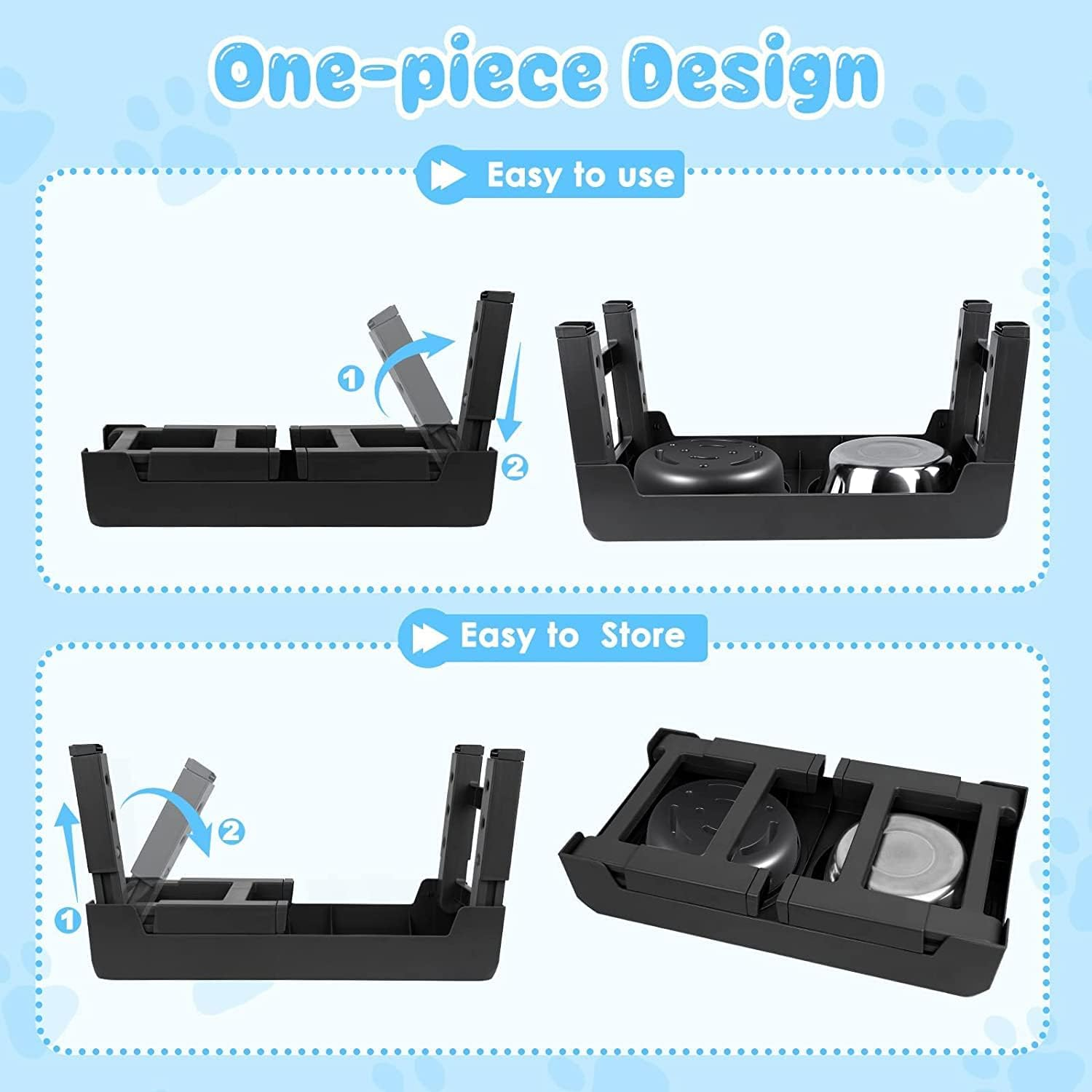 Elevated Raised Slow Feeder Bowls, 4 Height Adjustable Stand with Stainless Steel Water Bowl and Non-Slip Food Bowls for Large Medium Small Dogs and Pets (Black)