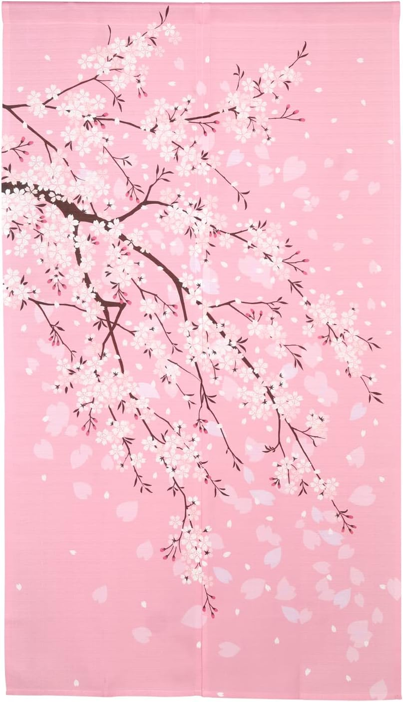 Rloncomix Japanese Noren Long Doorway Curtain Cherry Blossoms and Owls under the Moon Door Curtain Tapestry for Home Kitchen Decoration 33 X 59 Inch, Navy